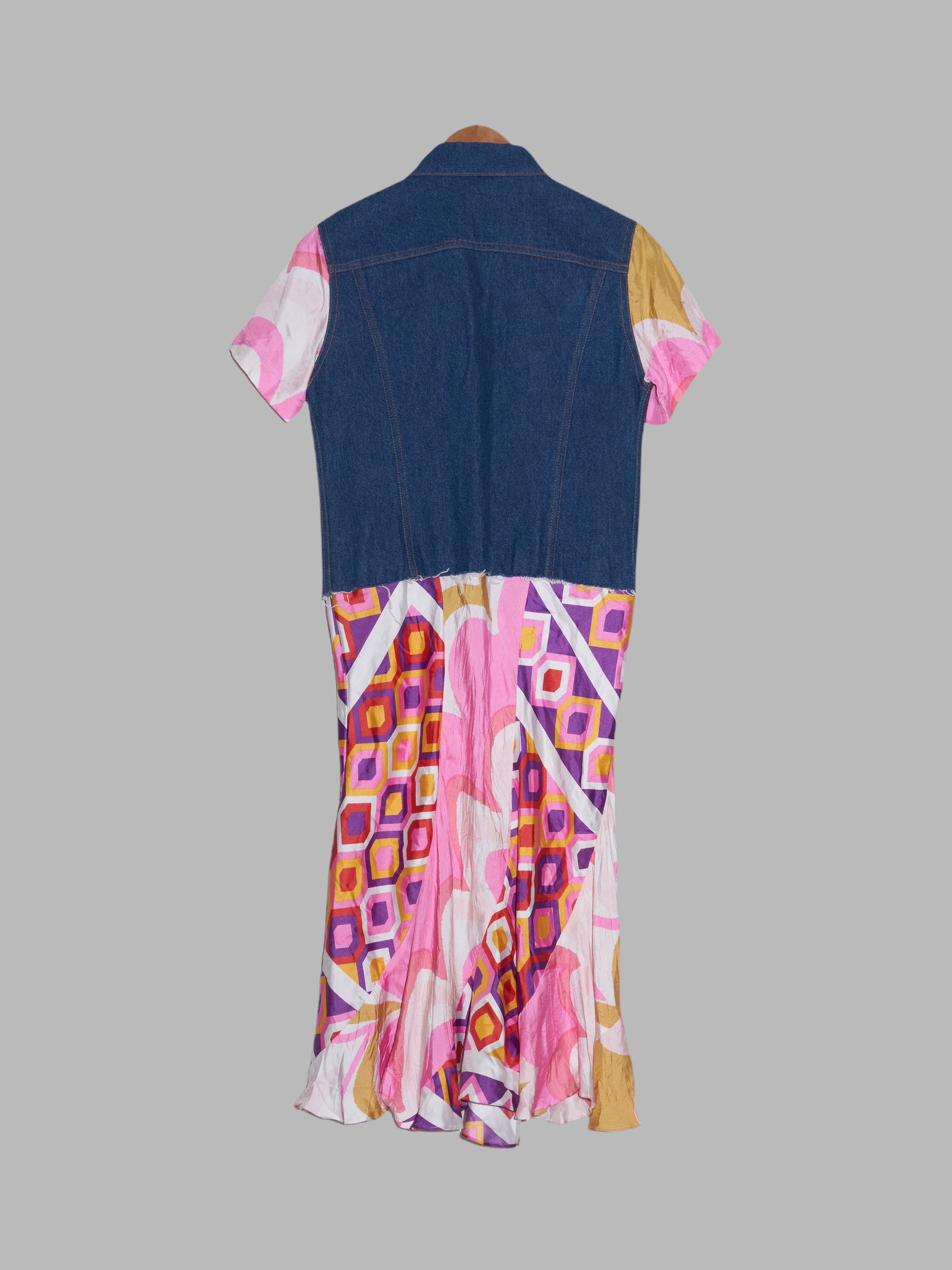 Junya Watanabe SS2001 denim vest dress with patterned silk skirt and sleeves