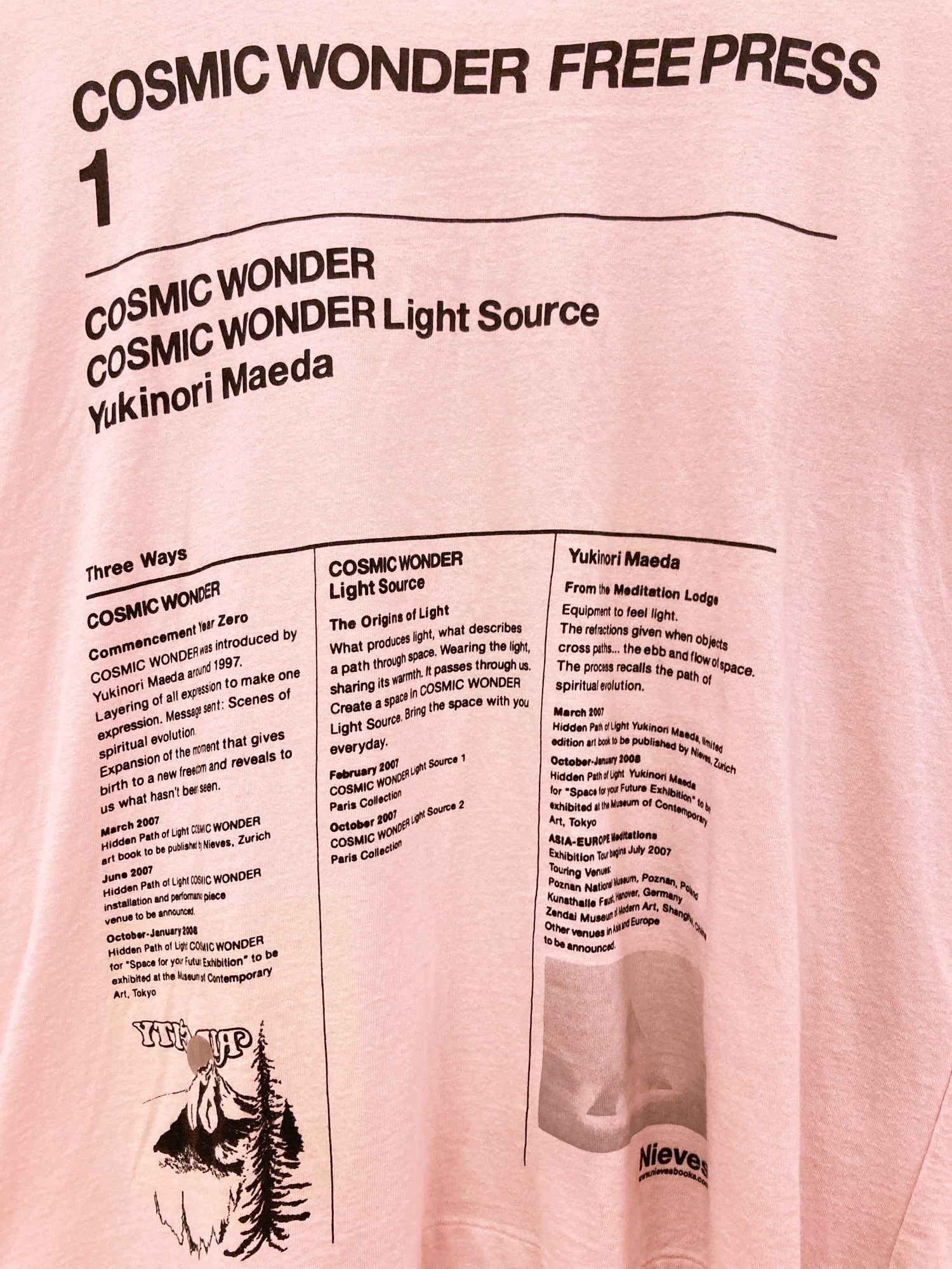 Cosmic Wonder pink t-shirt with print of 'Cosmic Wonder Free Press