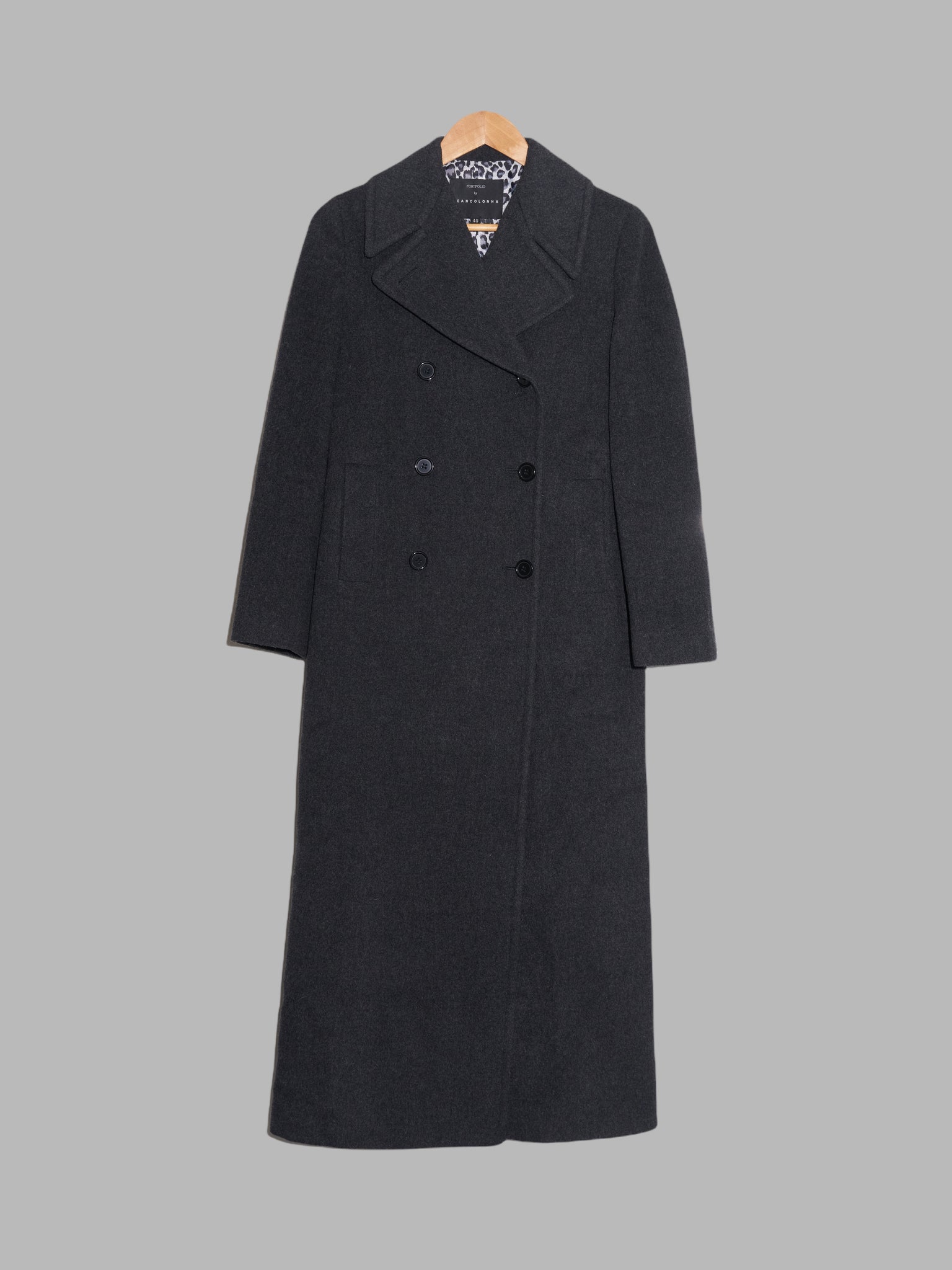 Portfolio by Jean Colonna grey melton wool overcoat with leopard print lining