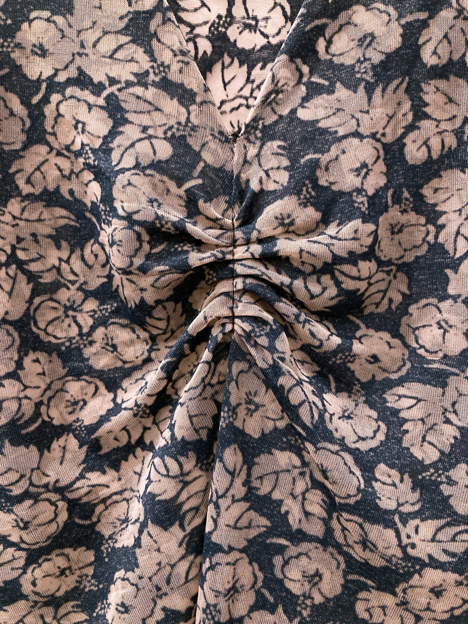 Jean Colonna sheer mushroomy brown floral print jersey v neck sleeveless dress