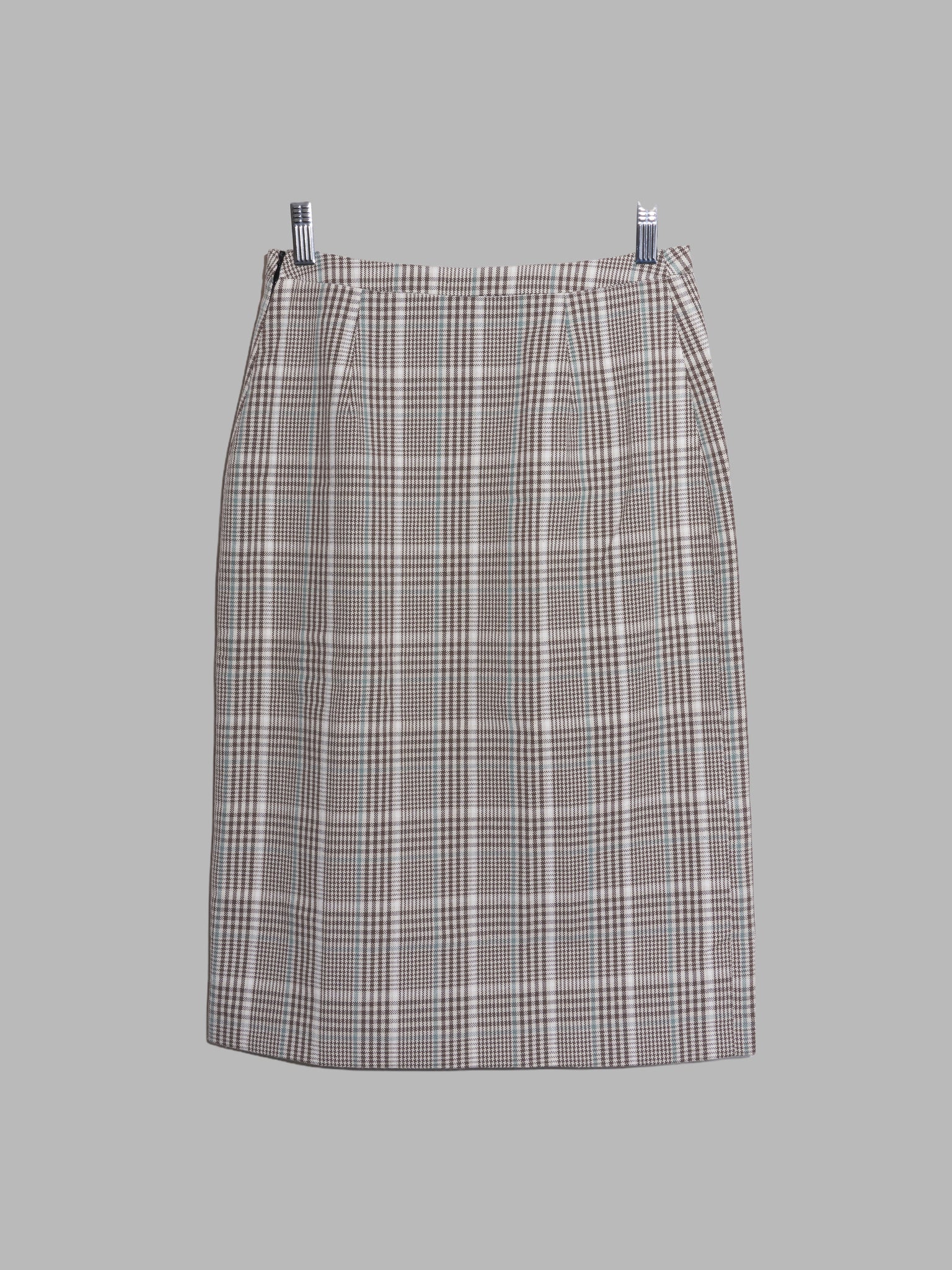 Jean Colonna brown white green poly-cotton check knee length skirt - size S