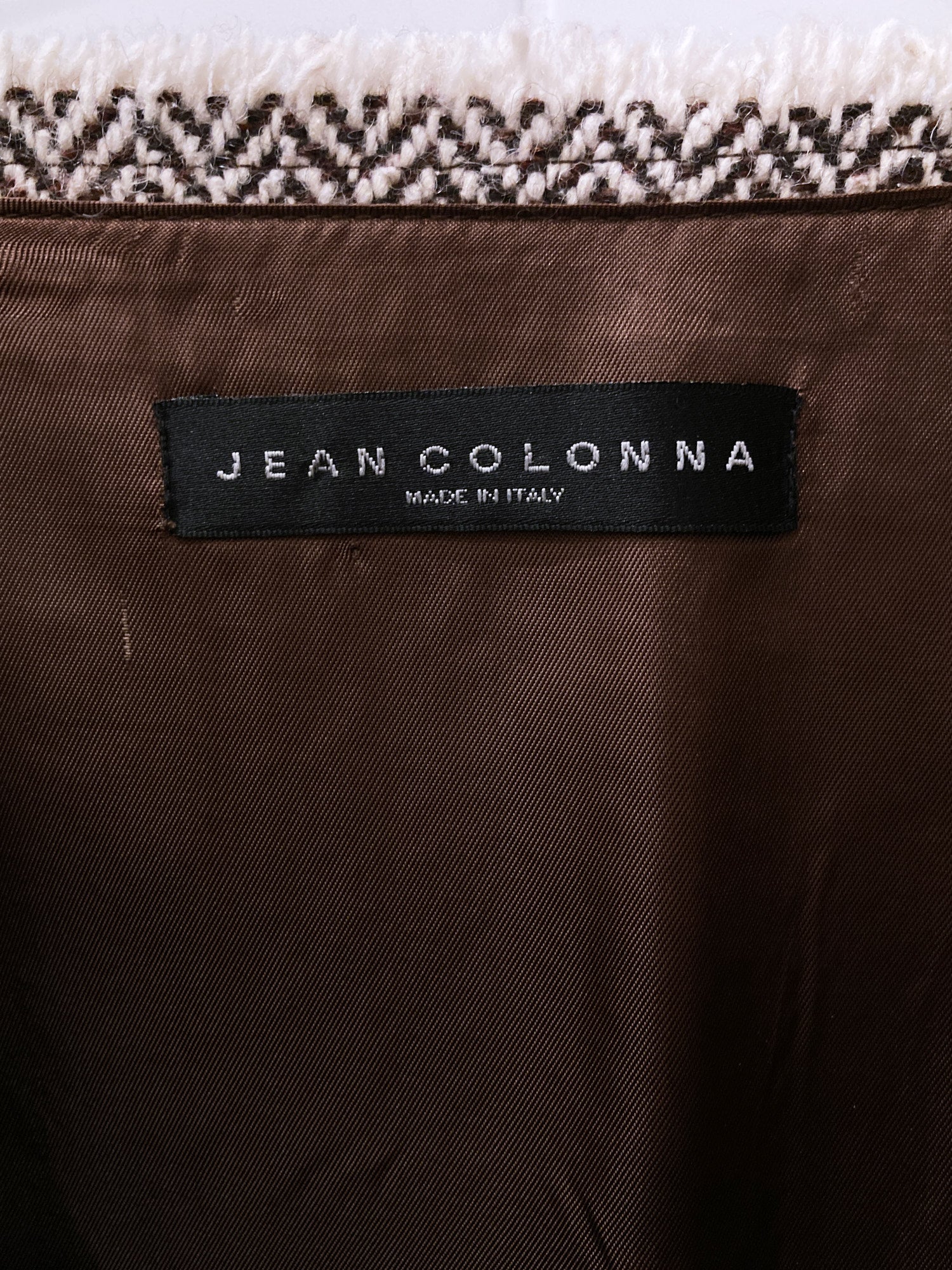 Jean Colonna brown herringbone wool raw edge knee length skirt