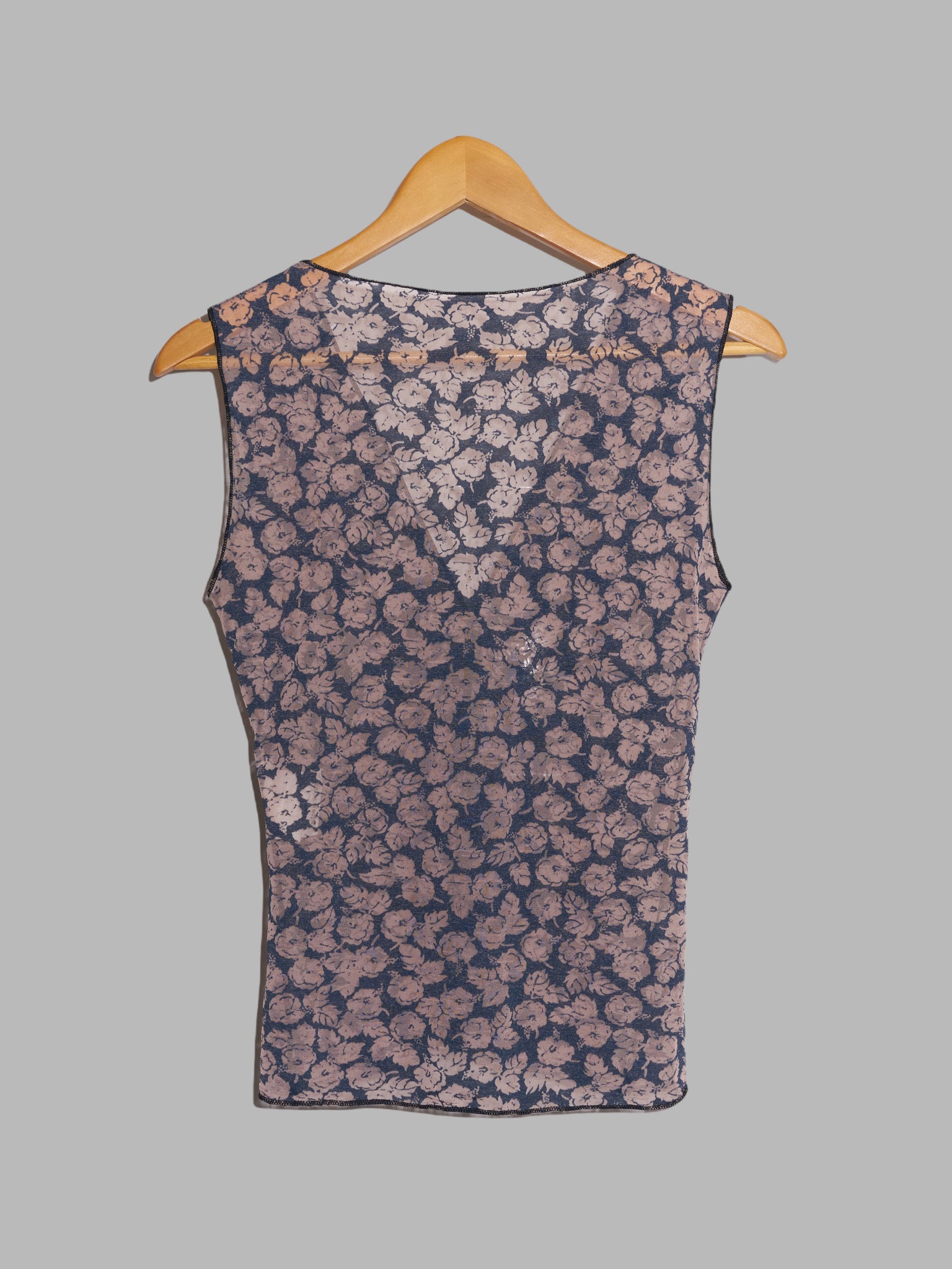 Jean Colonna sheer grey-brown floral print jersey v-neck sleeveless top