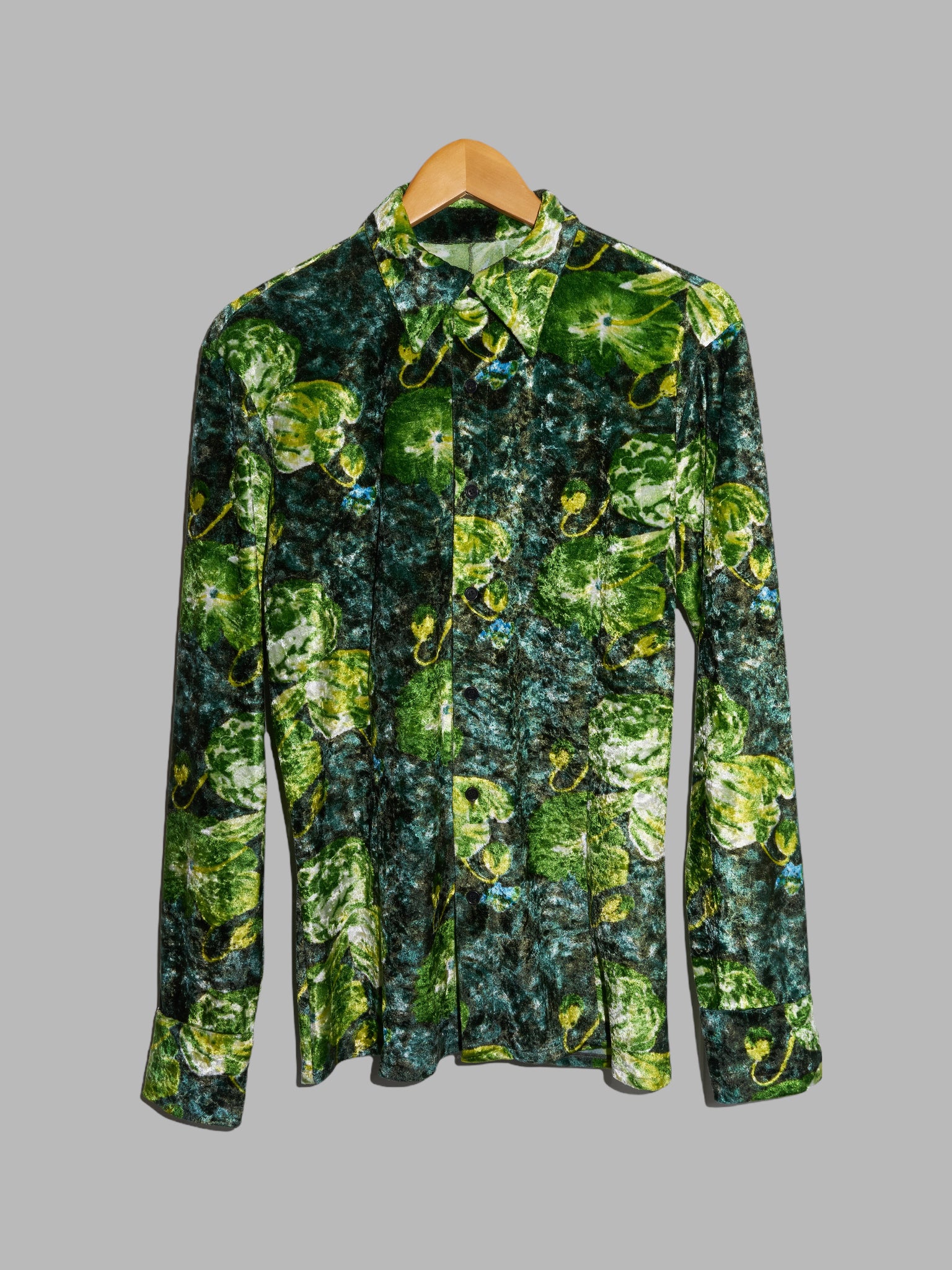 Jean Colonna green floral print velour long sleeve shirt - M
