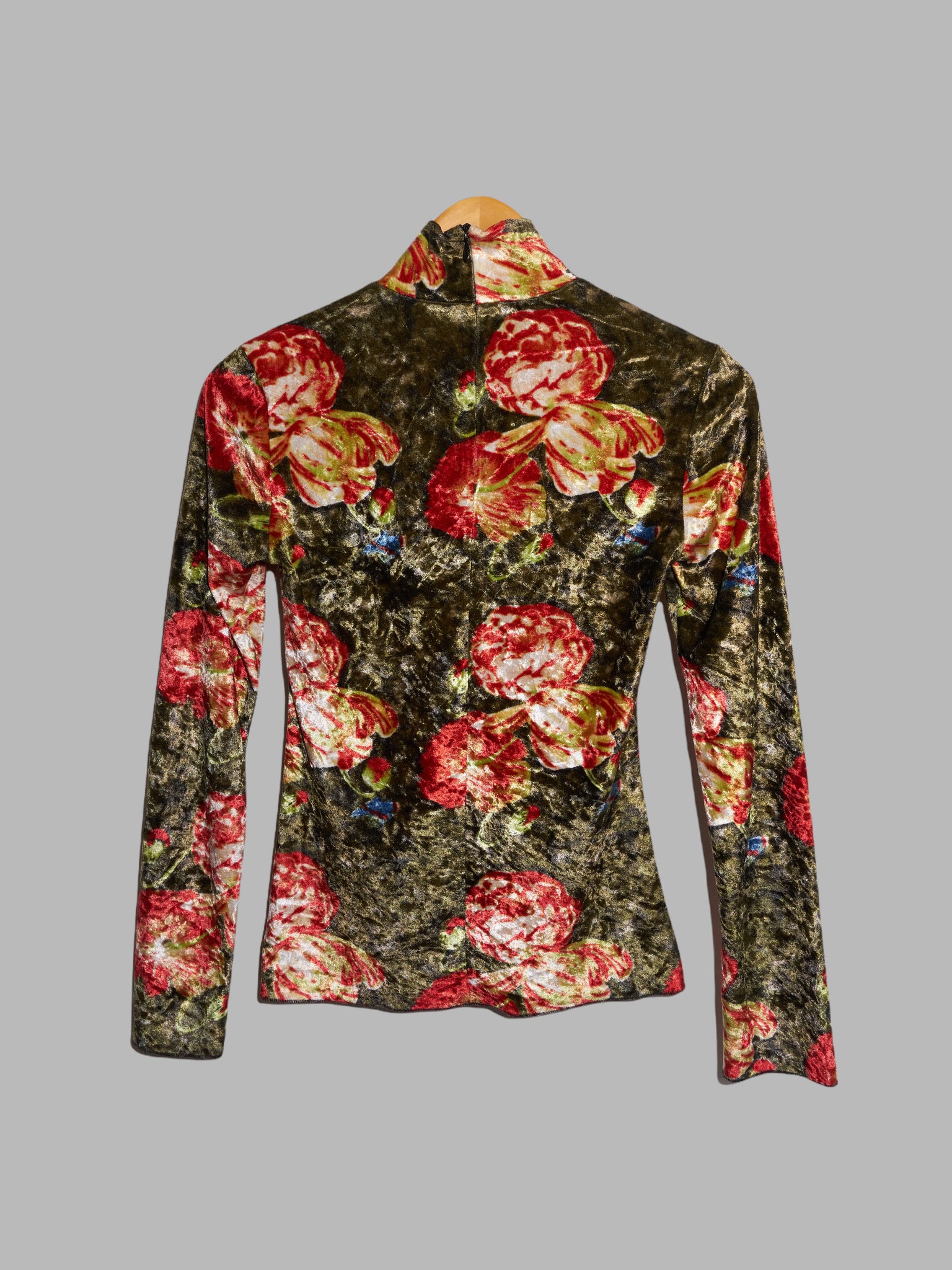 Jean Colonna brown and red floral print velour mock neck long sleeve top - M