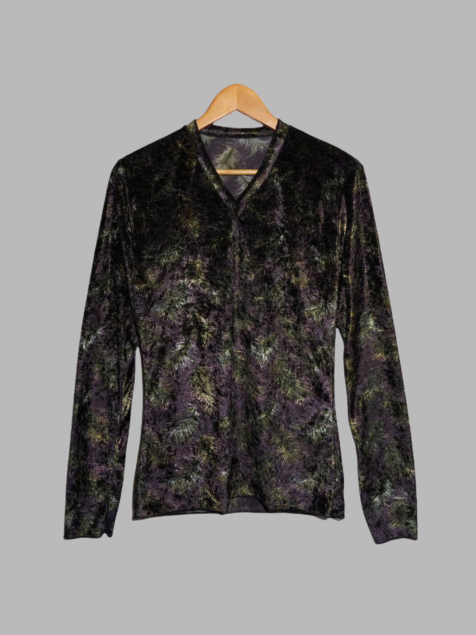 Jean Colonna black green purple feather print velour v-neck long sleeve top - S