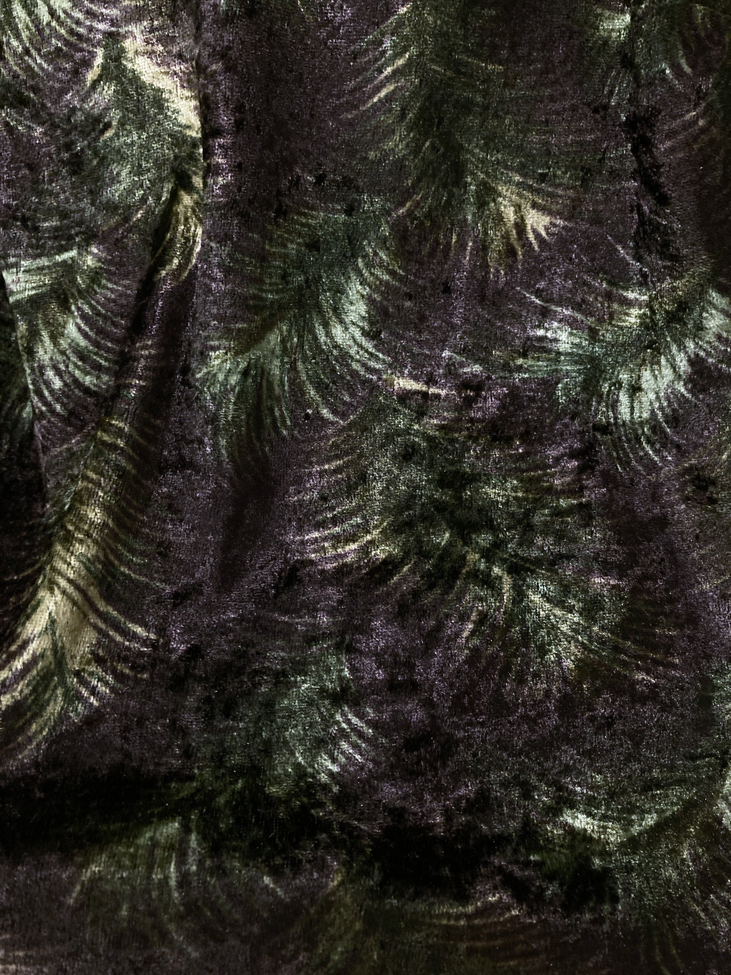 Jean Colonna black green purple feather print velour front cut out mock neck top