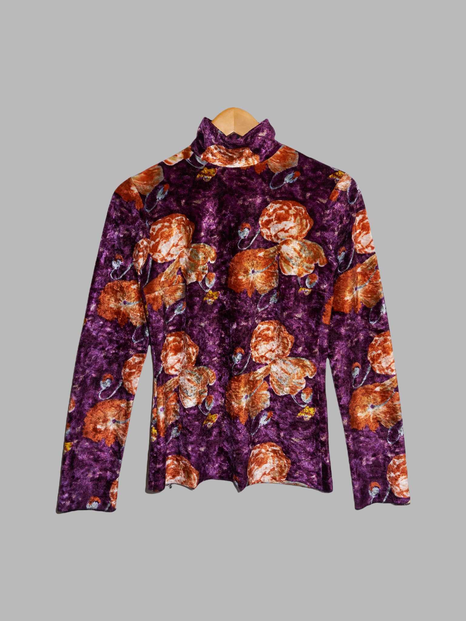 Jean Colonna orange purple floral print velour mock neck long sleeve top