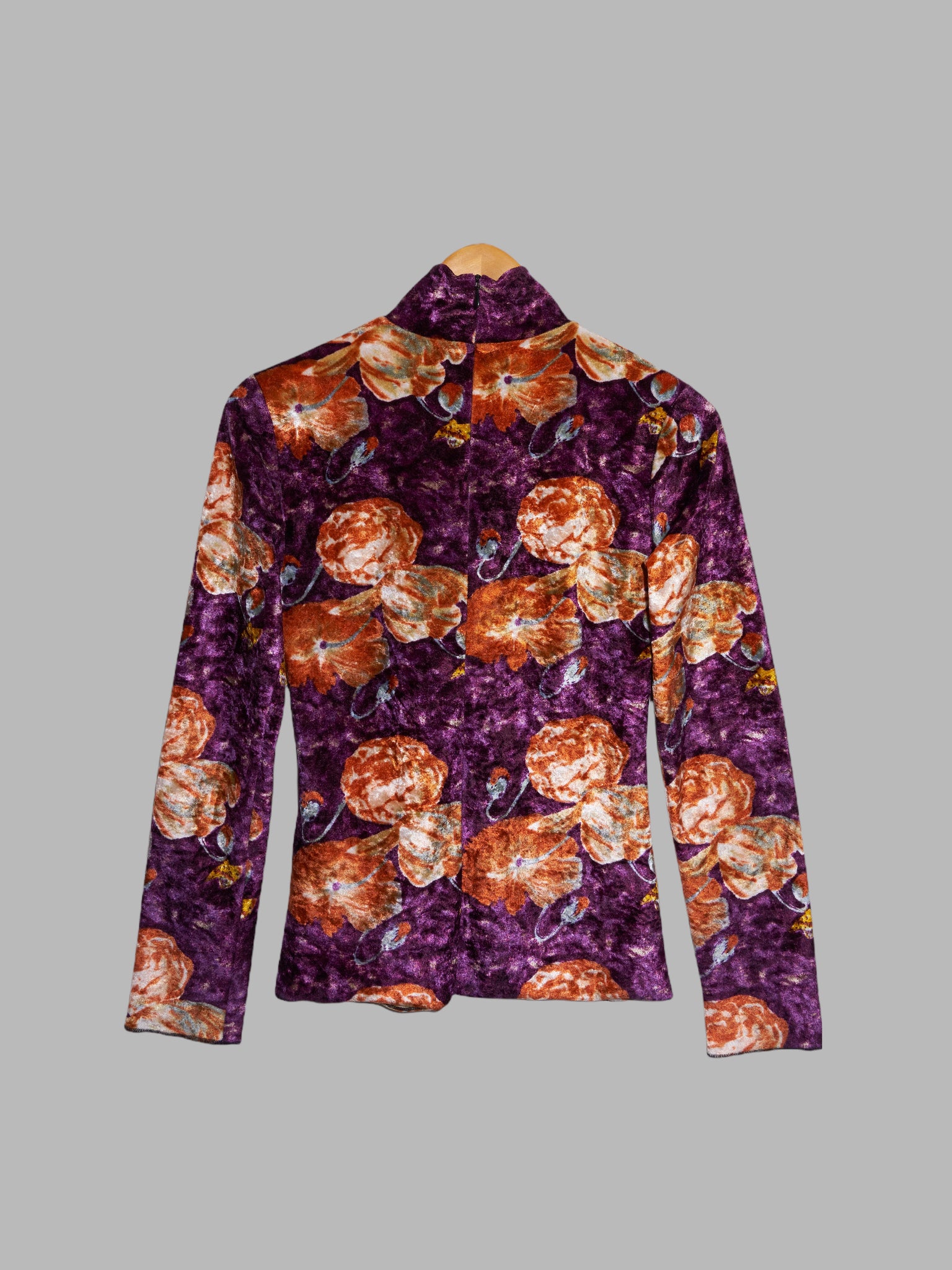 Jean Colonna orange purple floral print velour mock neck long sleeve top