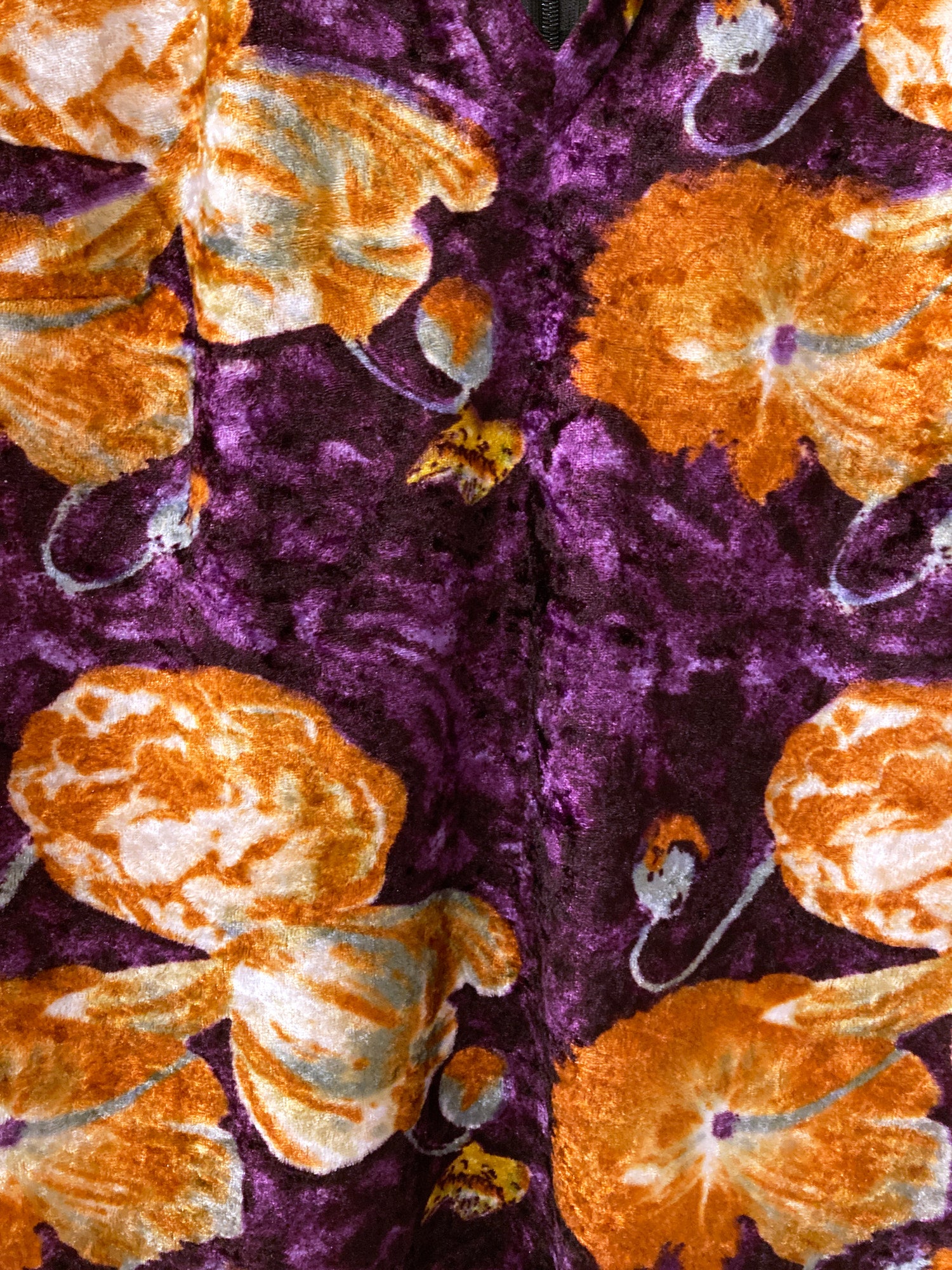 Jean Colonna orange and purple floral print velour front cut out mock neck top