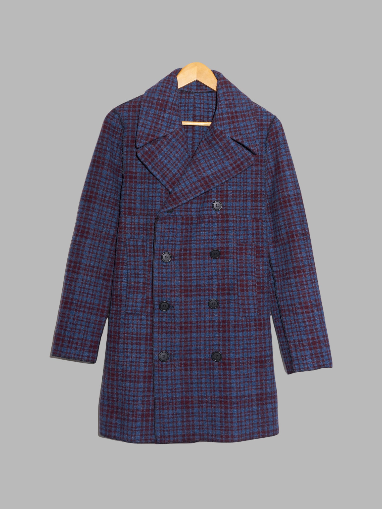 Jean Colonna purple blue check knit pea coat with overlocked edges - S