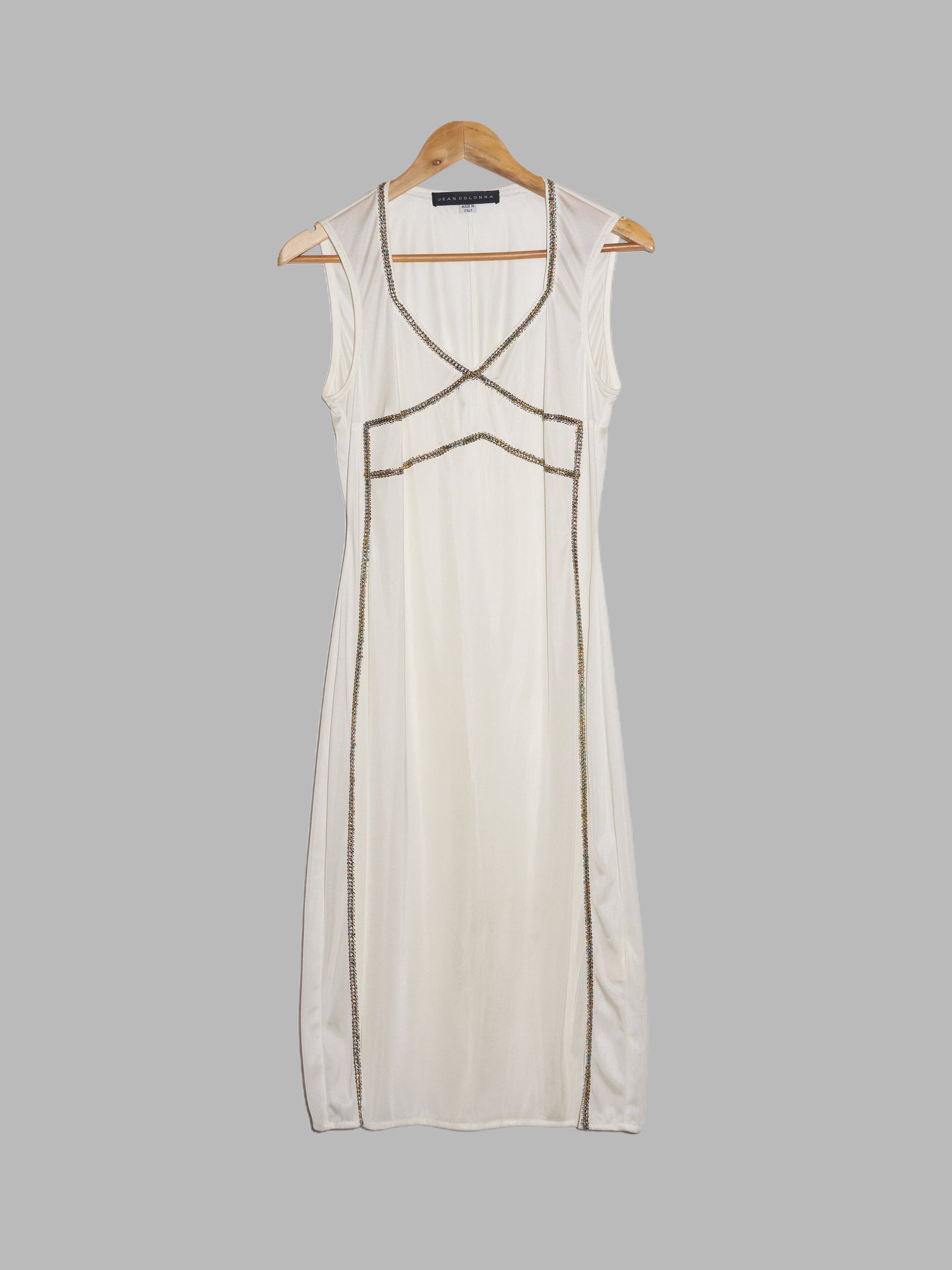 Jean Colonna off-white cream sleeveless dress with bejeweled applique - size 44