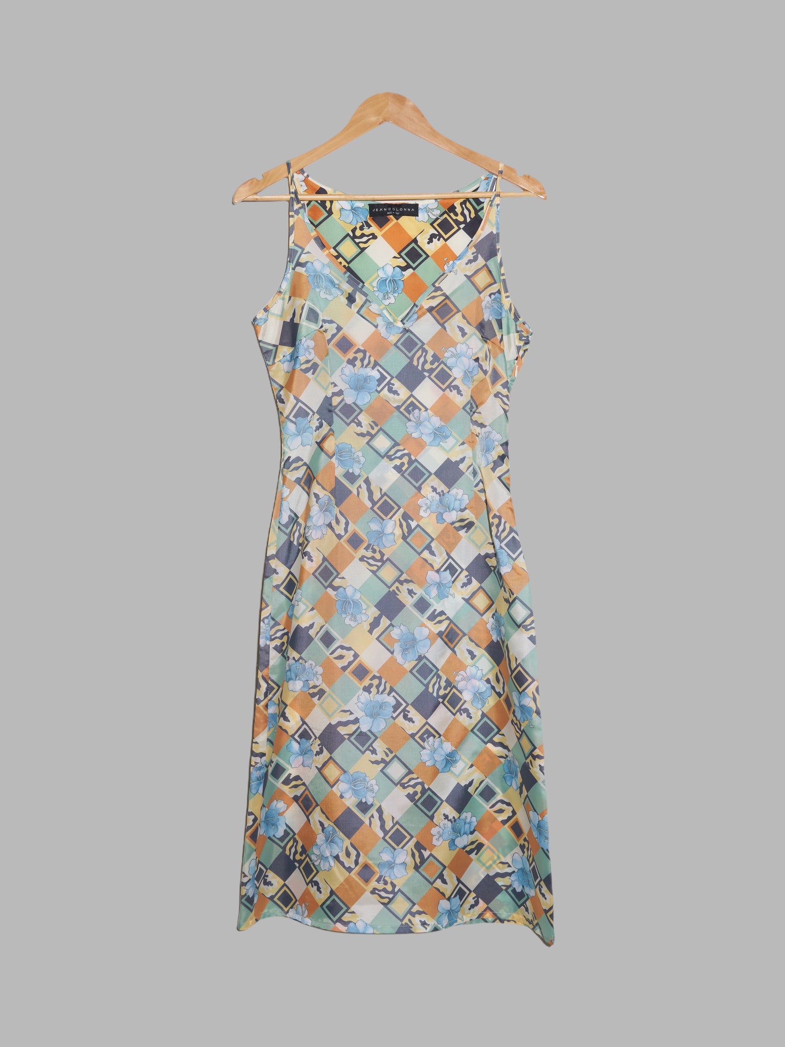 Jean Colonna SS1998 reversed geometric floral print satin slip dress