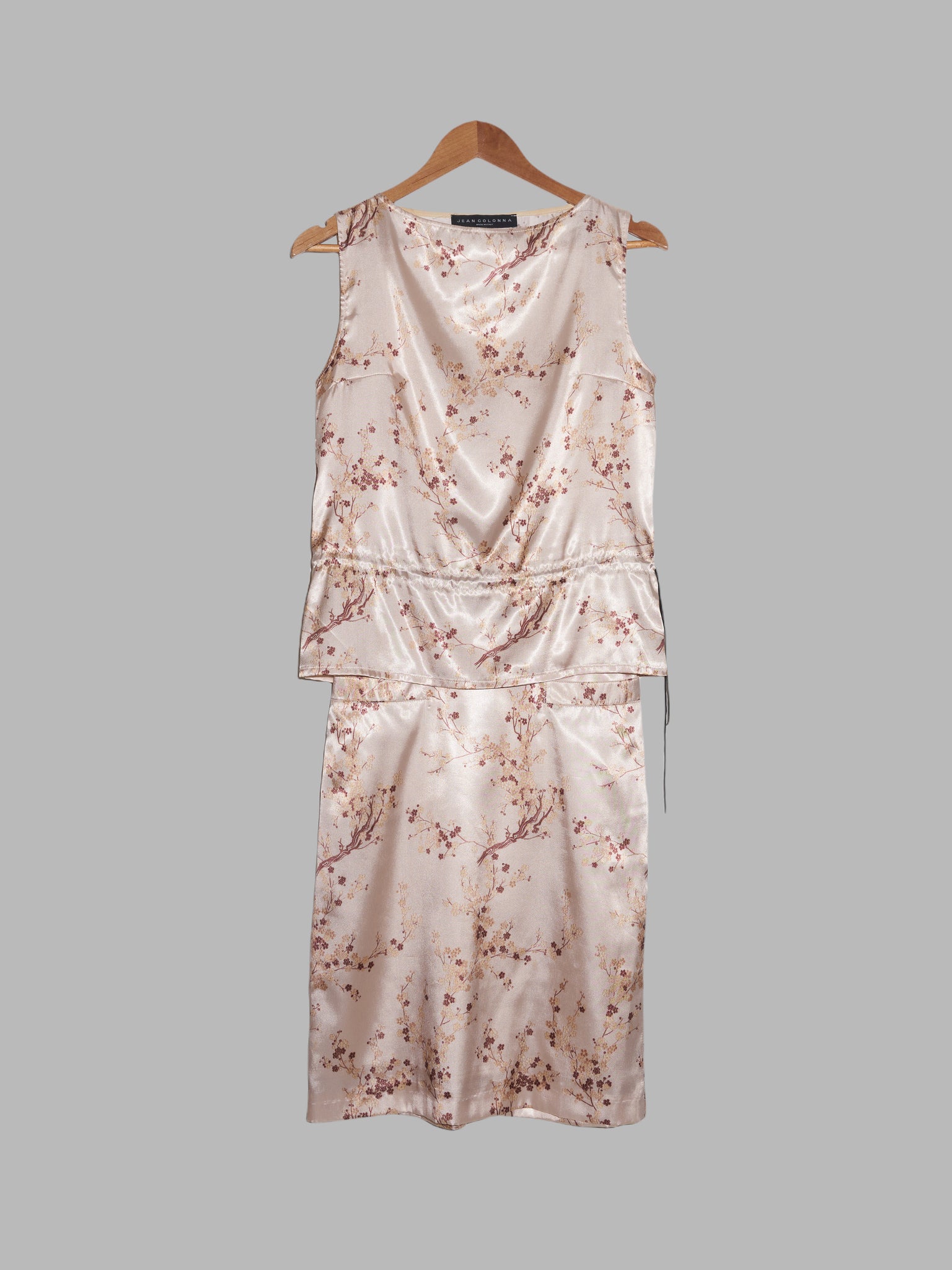 Jean Colonna AW1998 beige satin cherry blossom print sleeveless top skirt set