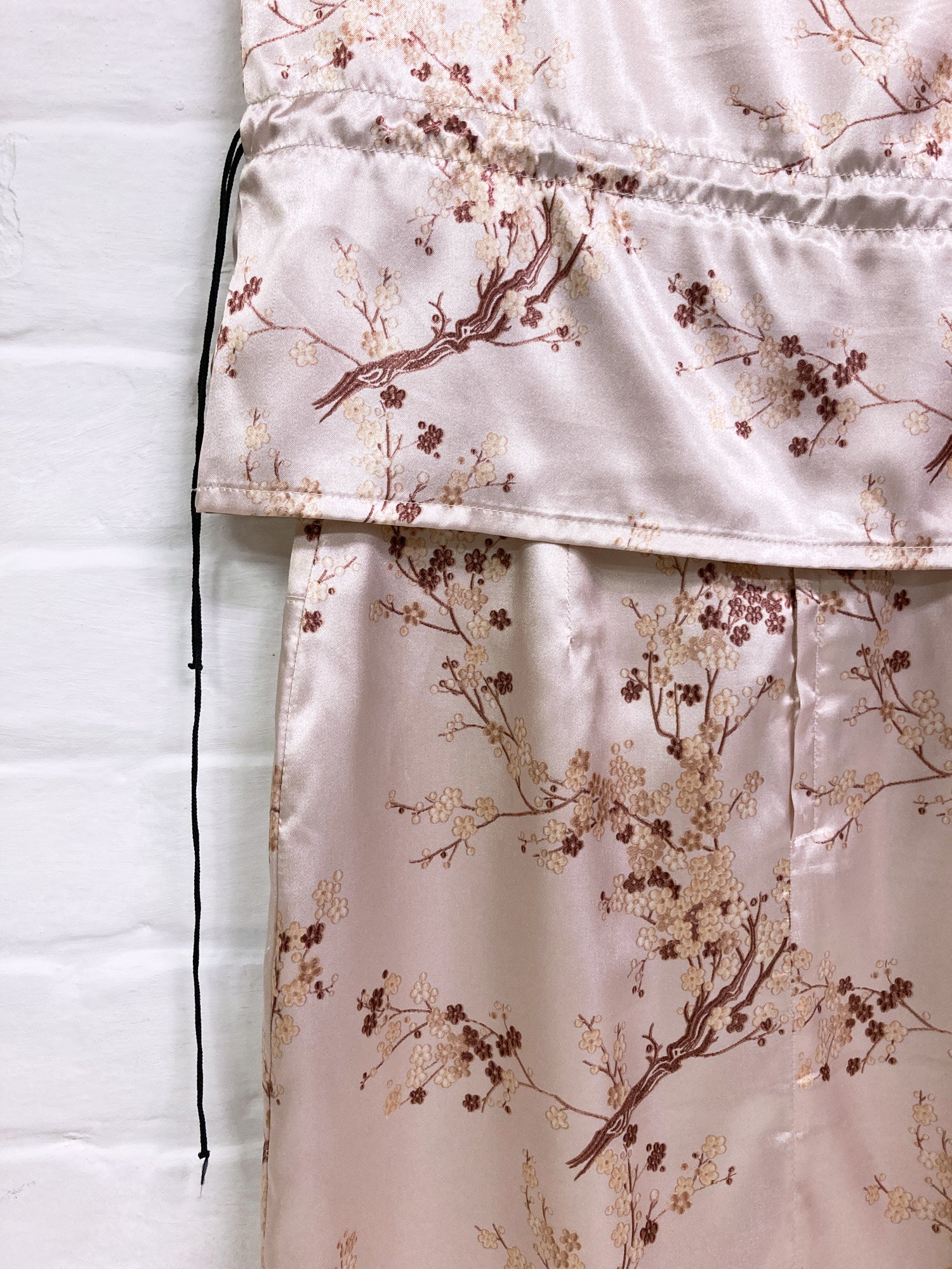 Jean Colonna AW1998 beige satin cherry blossom print sleeveless top skirt set