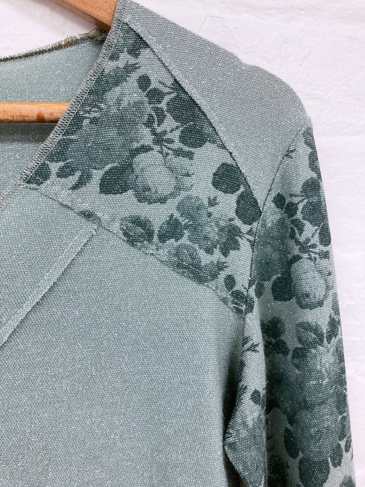 Jean Colonna green lamé floral print patchwork long sleeve top - S