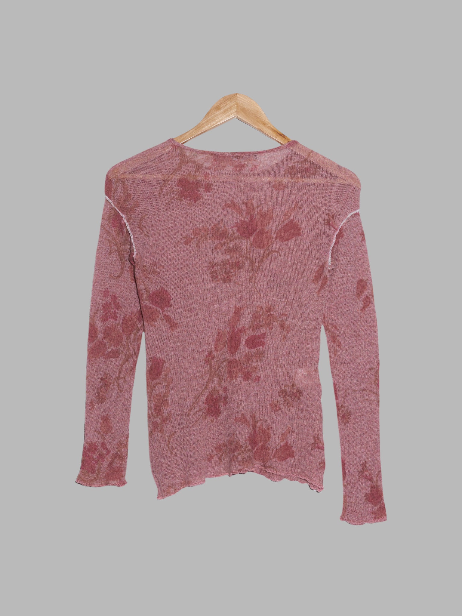 Jean Colonna pink floral print wool long sleeve top with white lace armhole - M