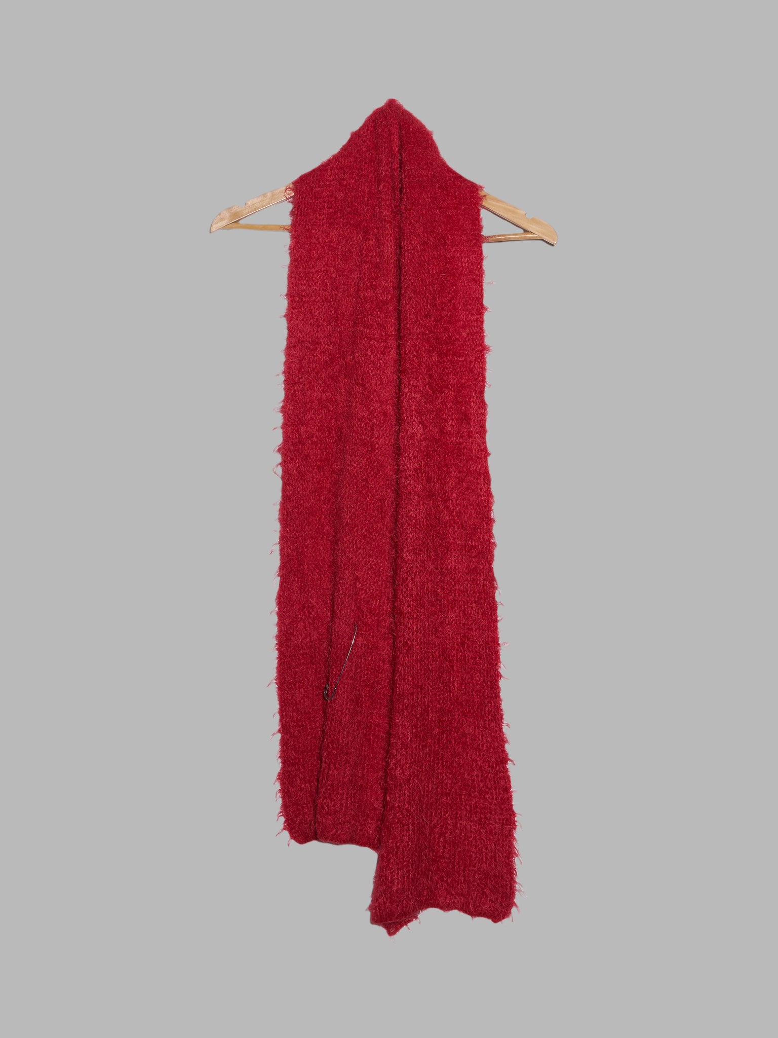 Jean Colonna red mohair-y scarf with safety pin