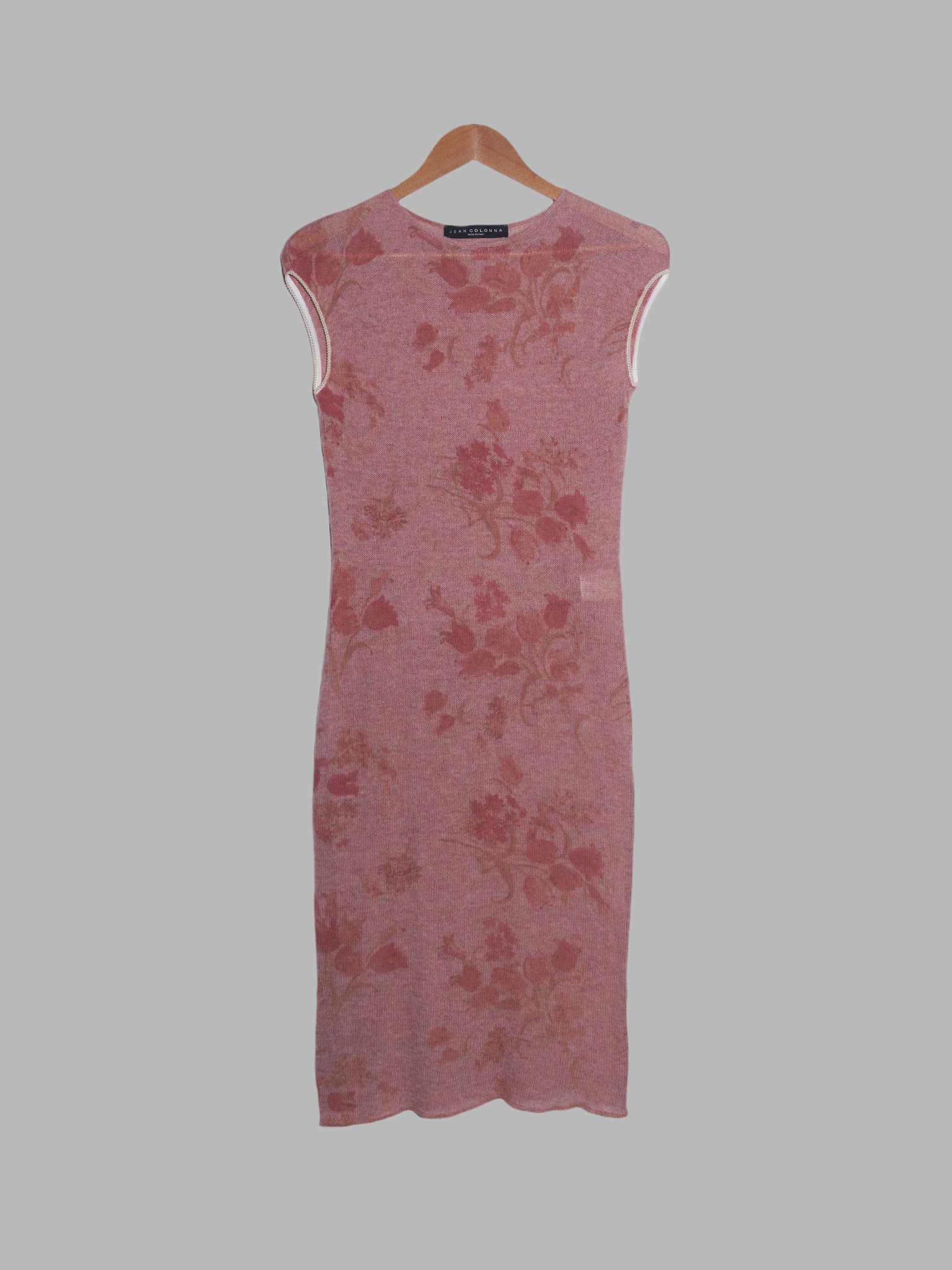 Jean Colonna pink floral print wool sleeveless dress with white lace armhole