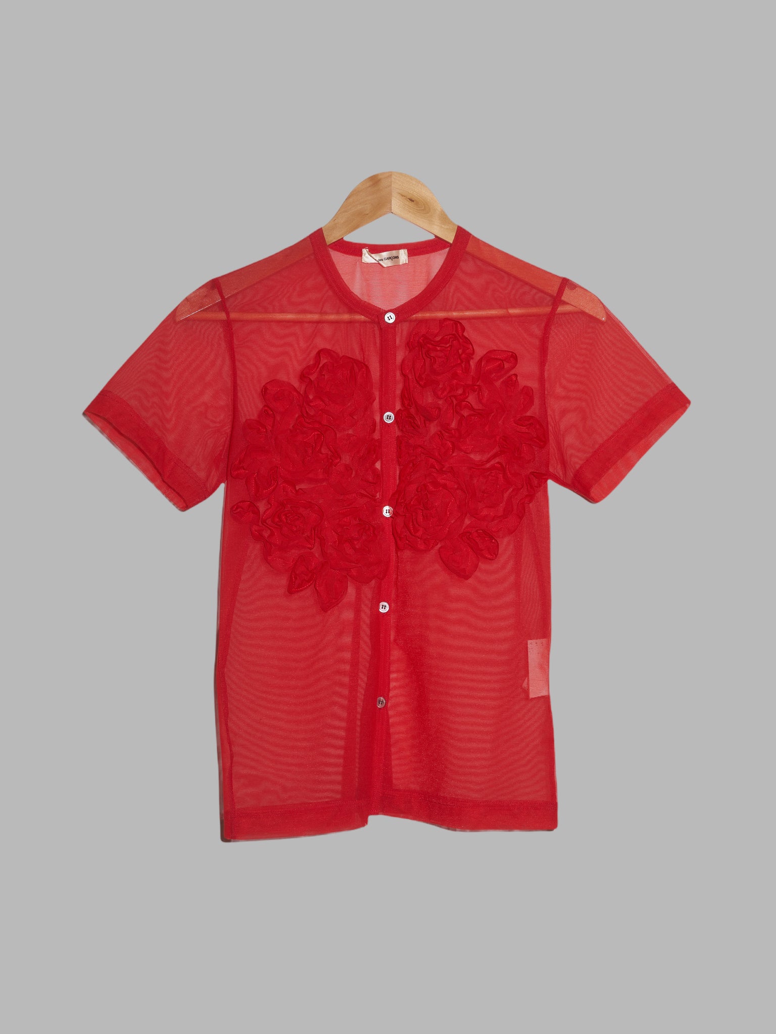 Comme des Garcons SS1998 sheer red floral ruffle short sleeve top or cardigan