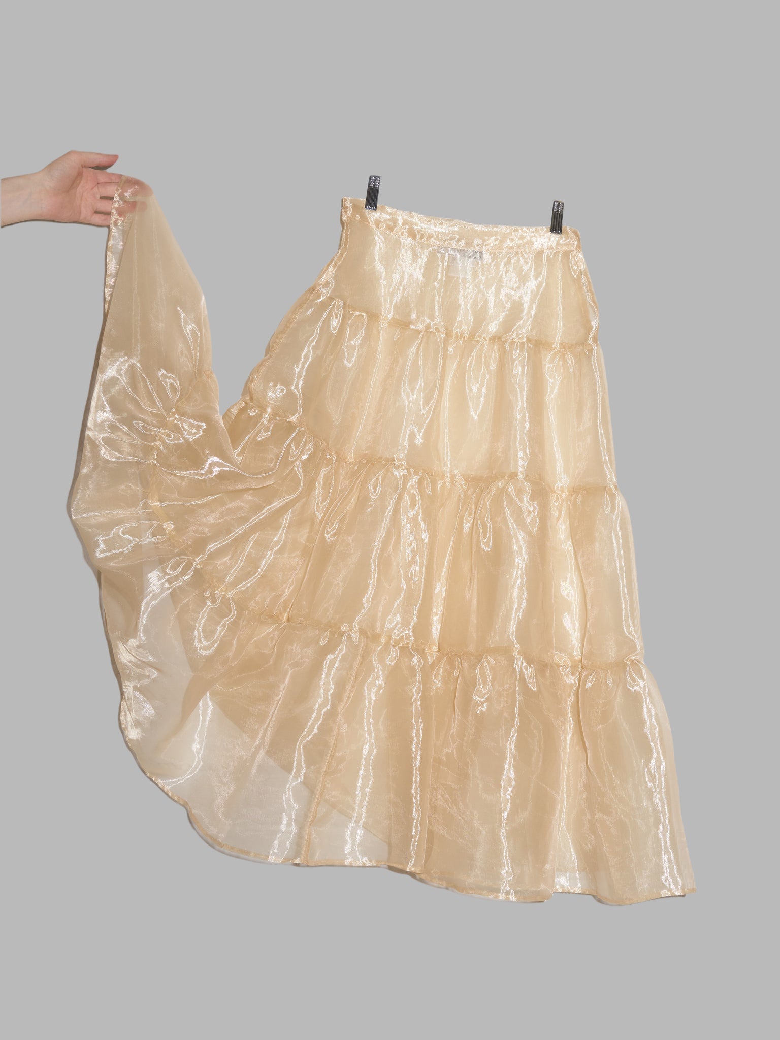 Dexter Wong 1990s gold polyester organza tiered see-through maxi skirt - S