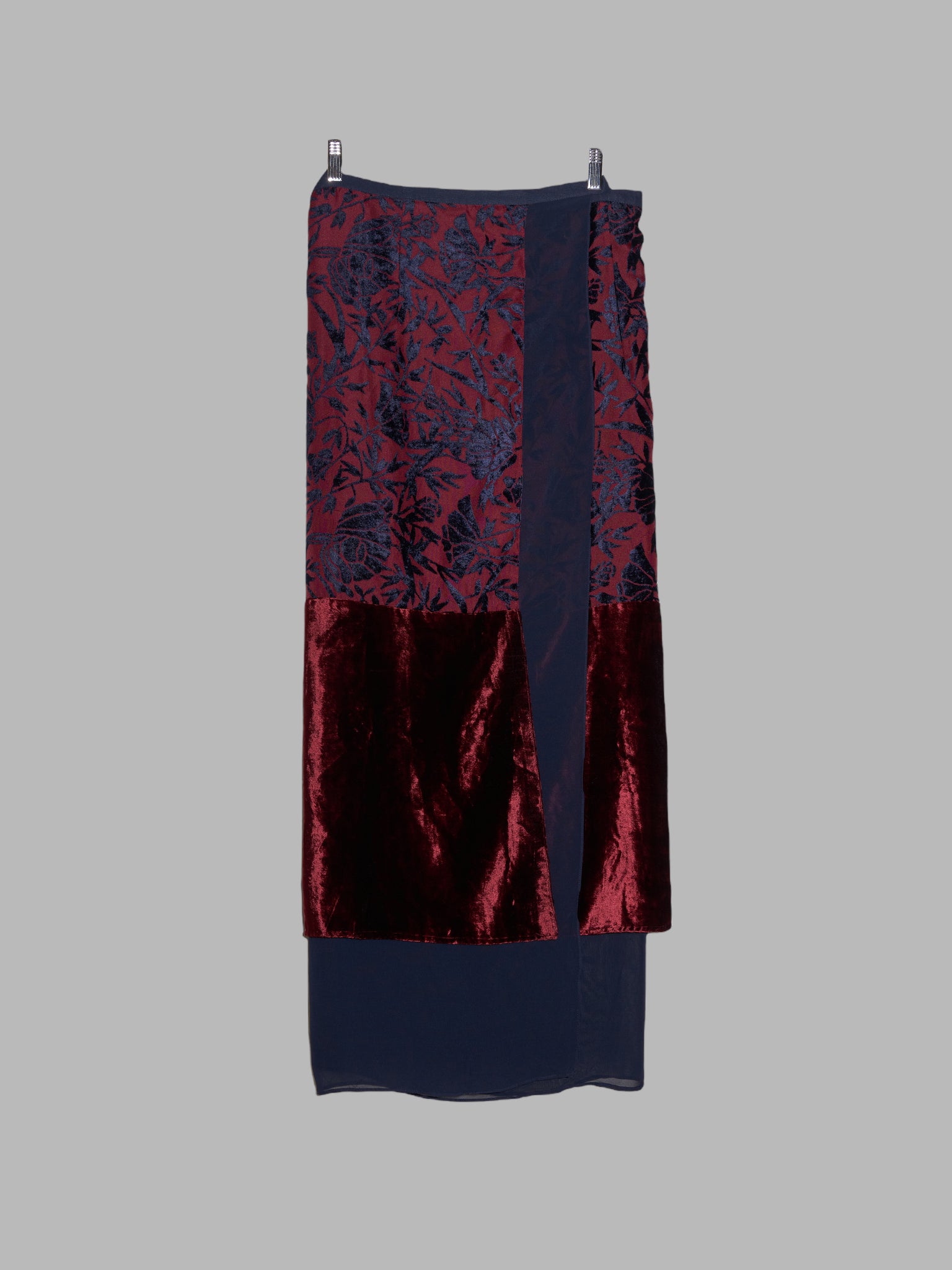 Lawrence Steele navy and burgundy floral velvet sheer crepe wrap skirt