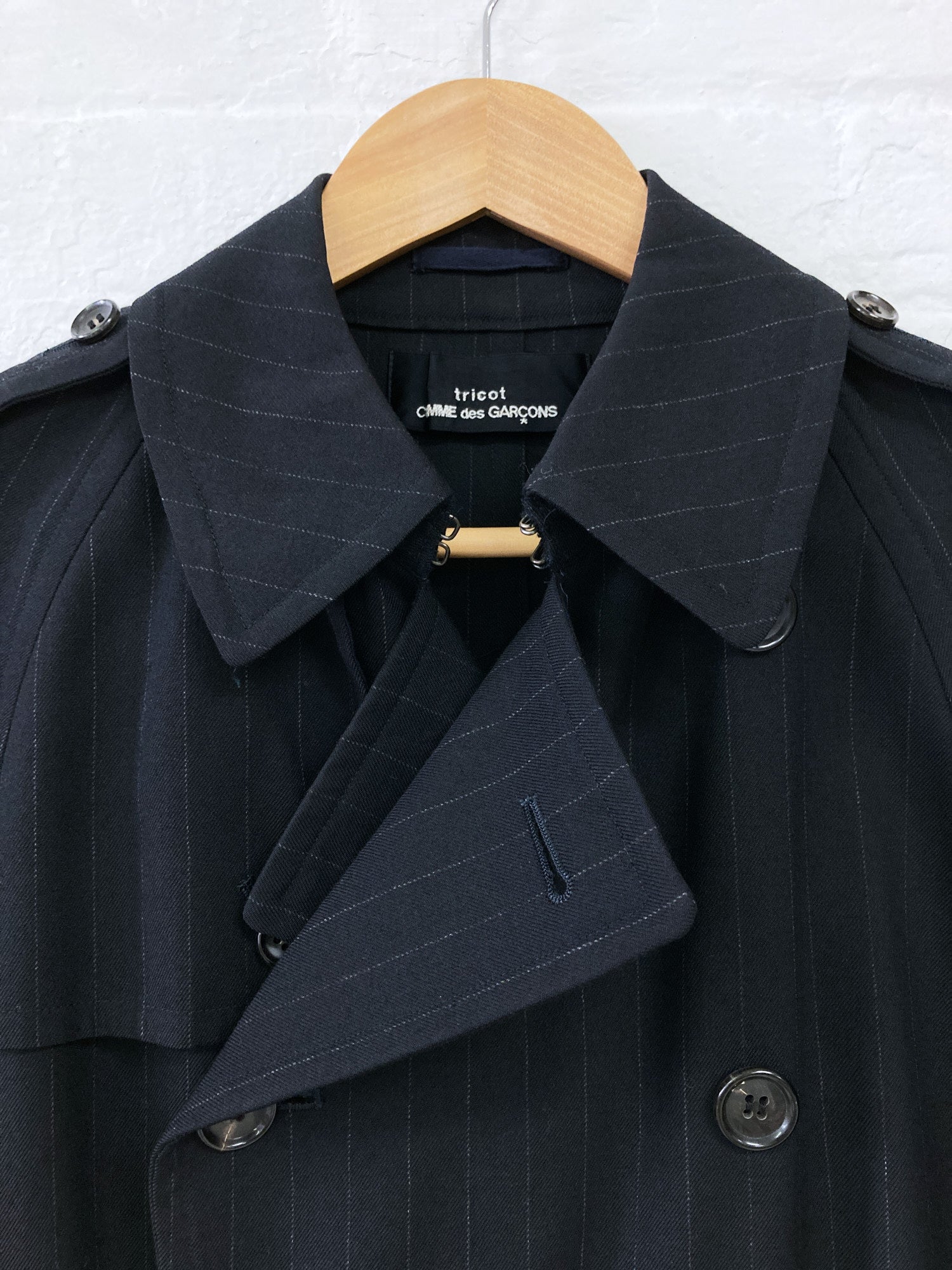 Tricot Comme des Garcons 1998 dark navy striped wool trench coat