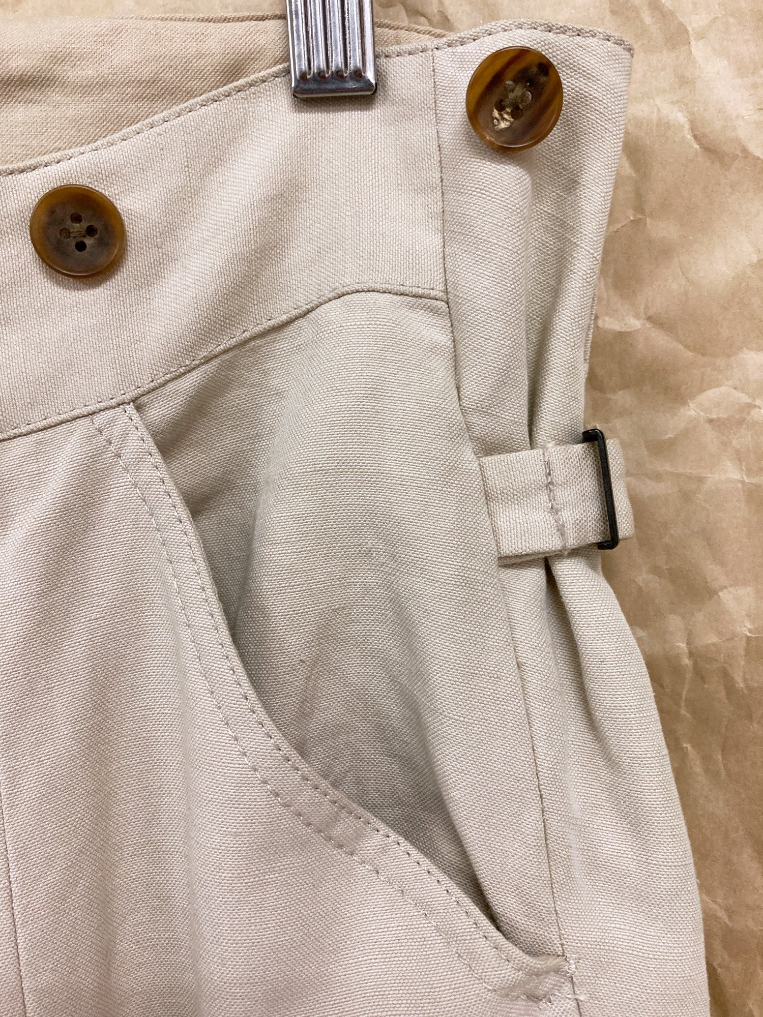 The Viridi-Anne beige off white ramie panelled side tab trousers