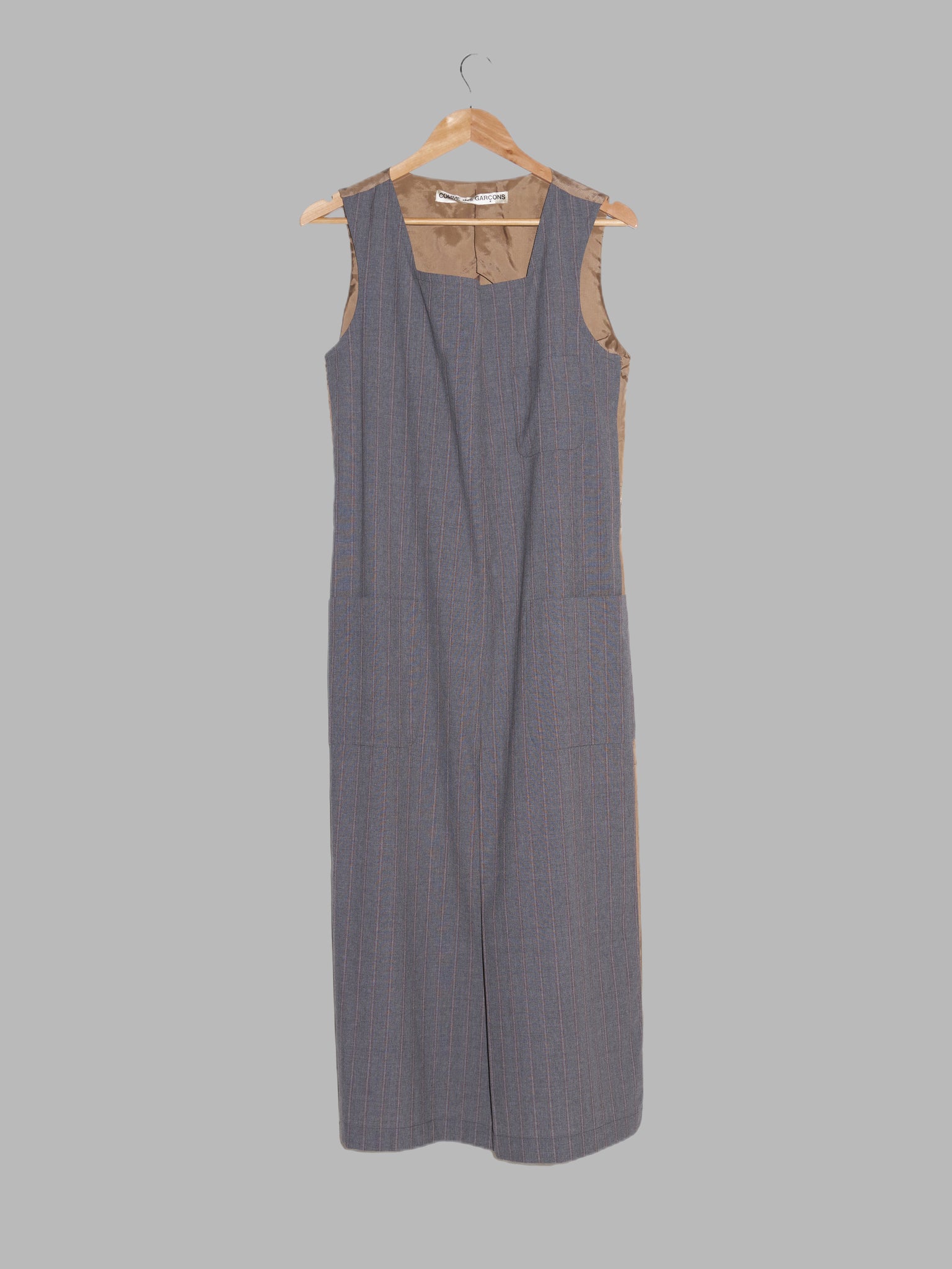 Comme des Garcons SS1995 grey wool front brown satin back full length vest dress
