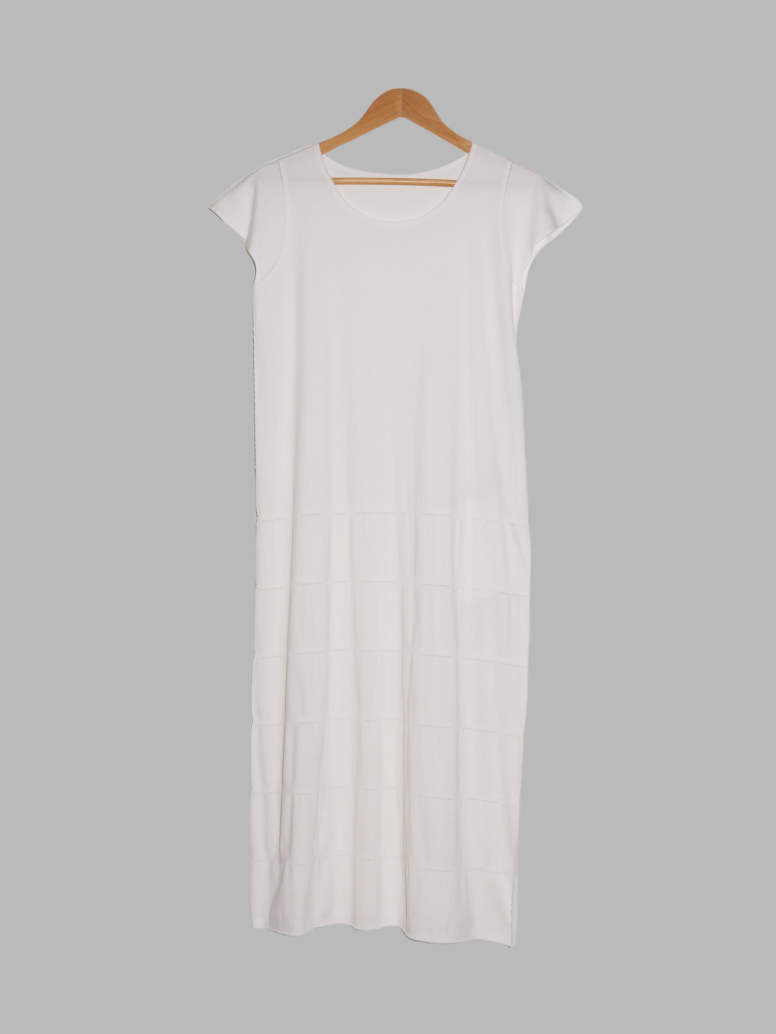 Issey Miyake A-POC Pleats Please off white short sleeve dress with cut lines