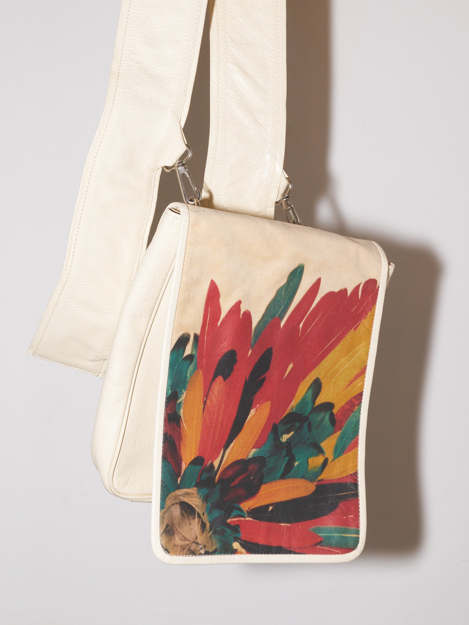 Masaki Matsushima Homme cream leather cross-body bag with feather print flap