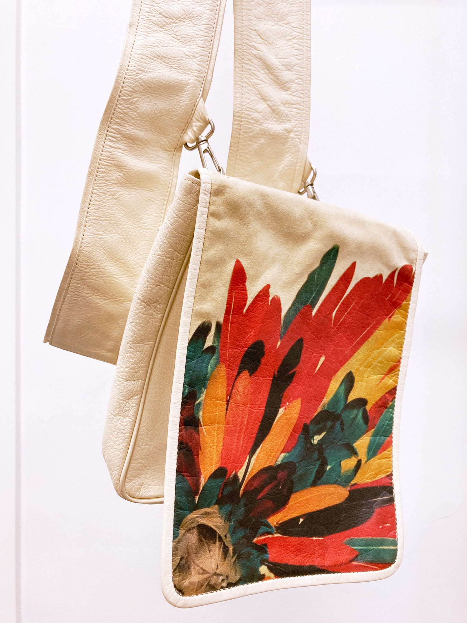 Masaki Matsushima Homme cream leather cross-body bag with feather print flap