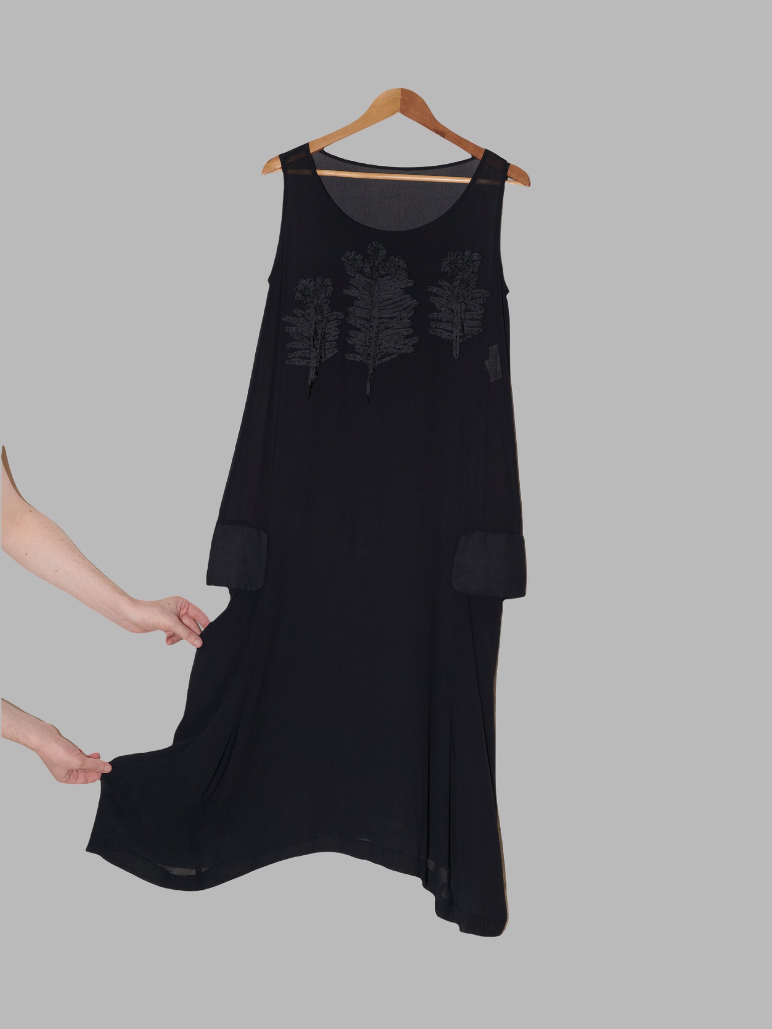 Comme des Garcons 1995 sheer black crepe sleeveless dress with leaf applique
