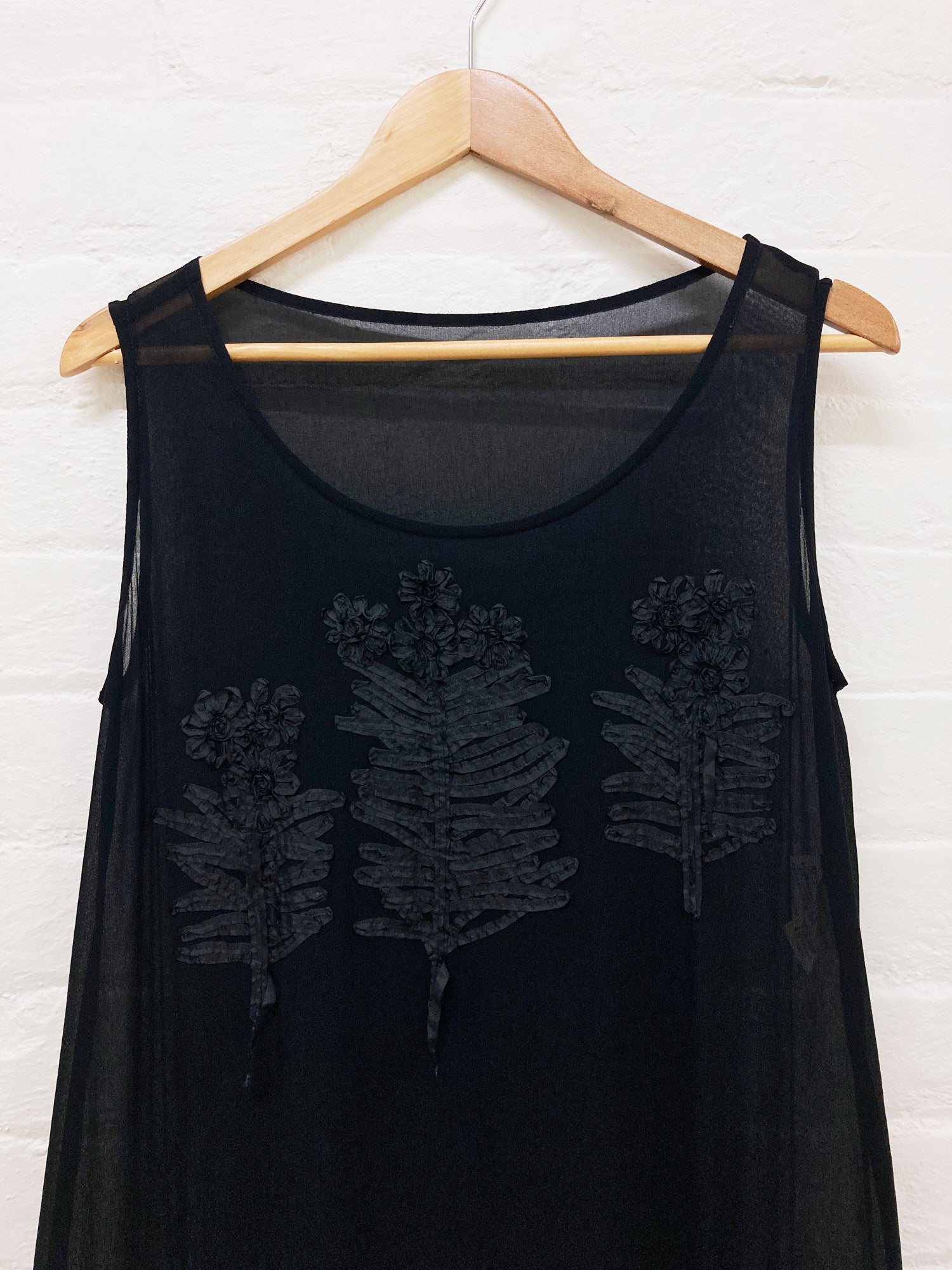 Comme des Garcons 1995 sheer black crepe sleeveless dress with leaf applique