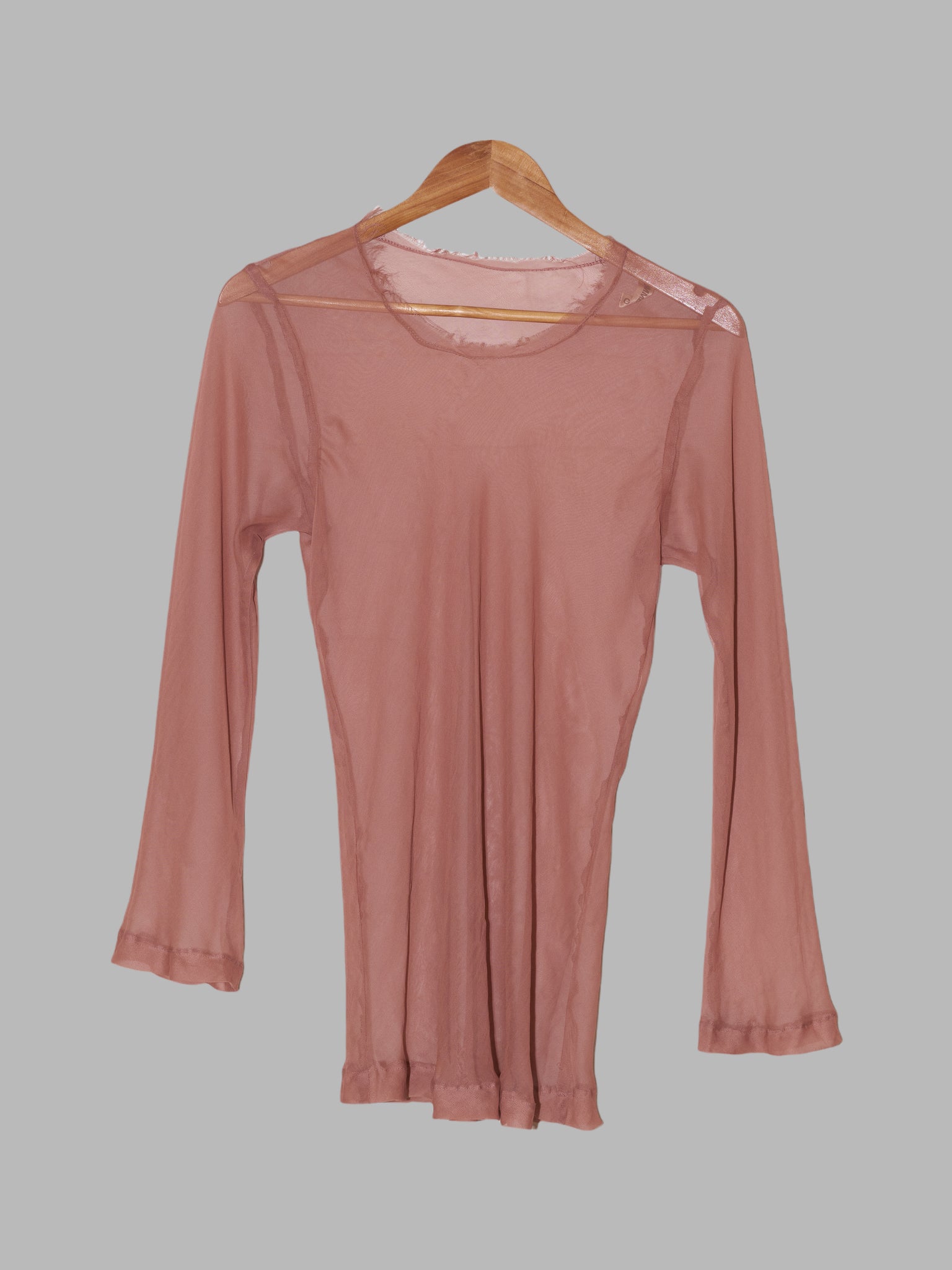 Comme des Garcons 1990s muted pink bias cut chiffon long sleeve top with frayed neckline