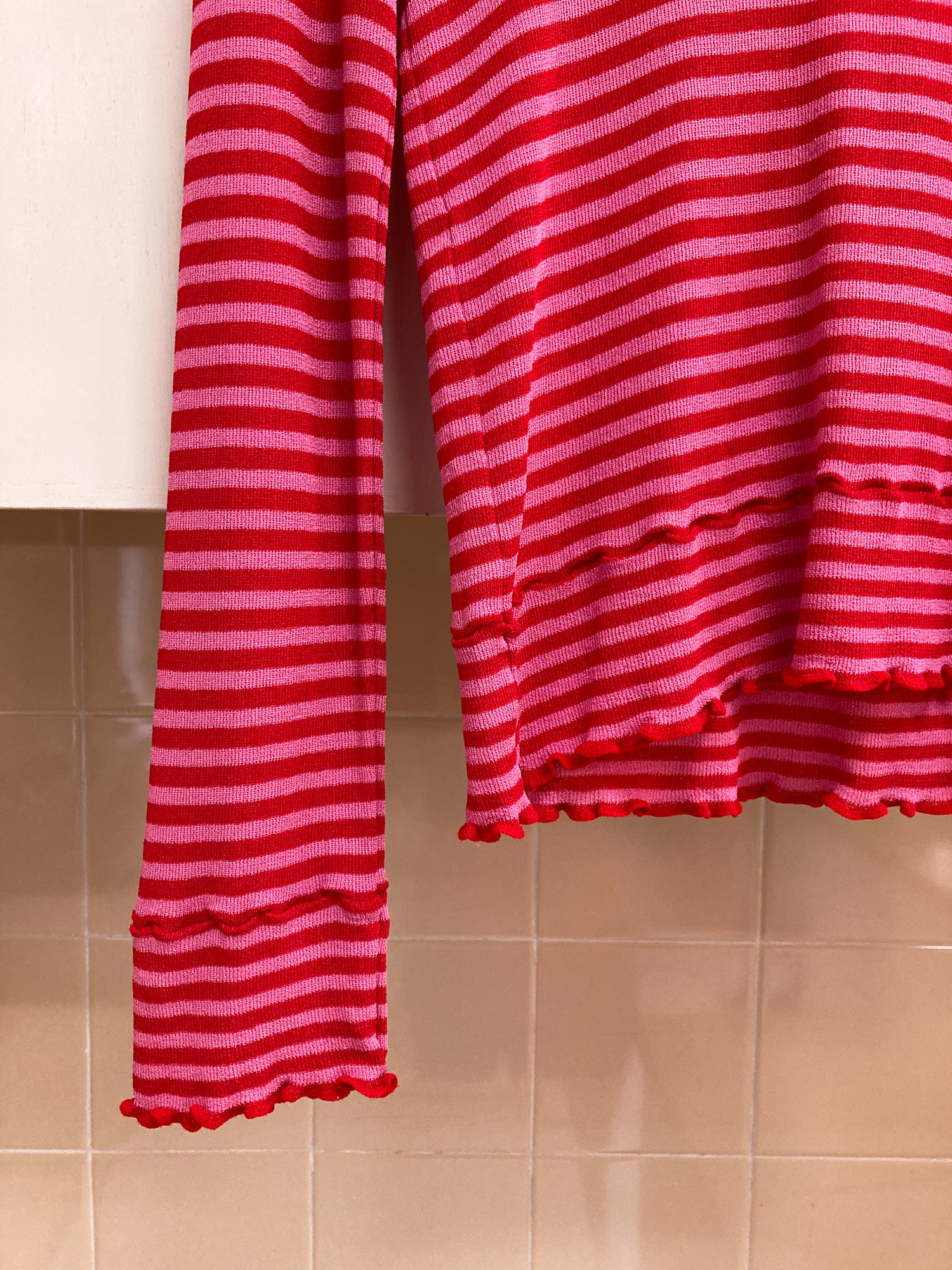Tricot Comme des Garcons SS1996 pink red stripe lettuce hem top