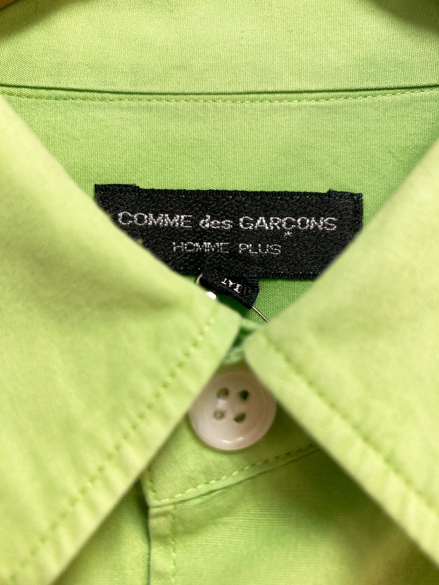 Comme des Garcons Homme Plus 1990s green cotton shirt with folded and embroidered hem