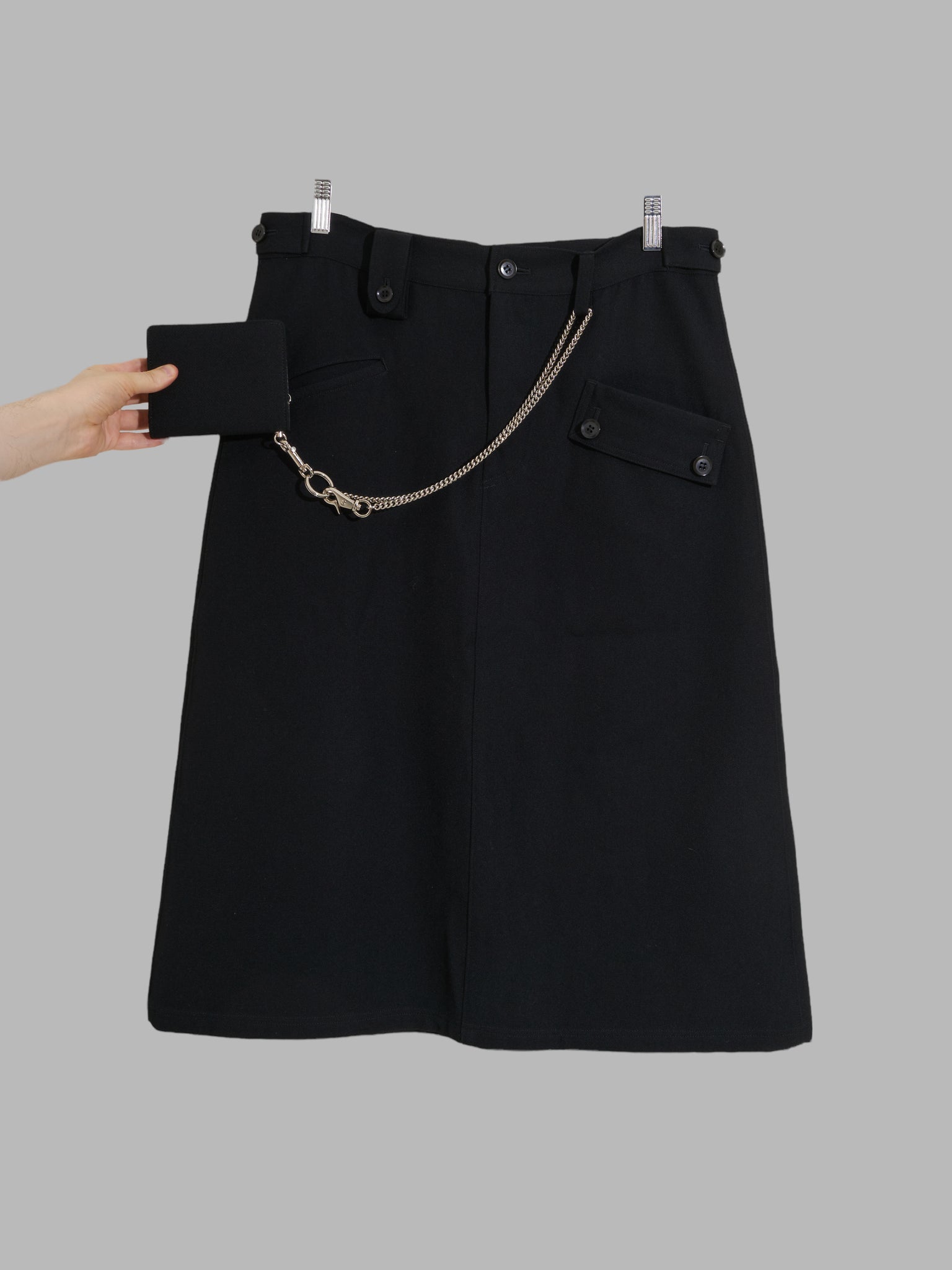Y’S Yohji Yamamoto black wool gabardine skirt with matching wallet and chain
