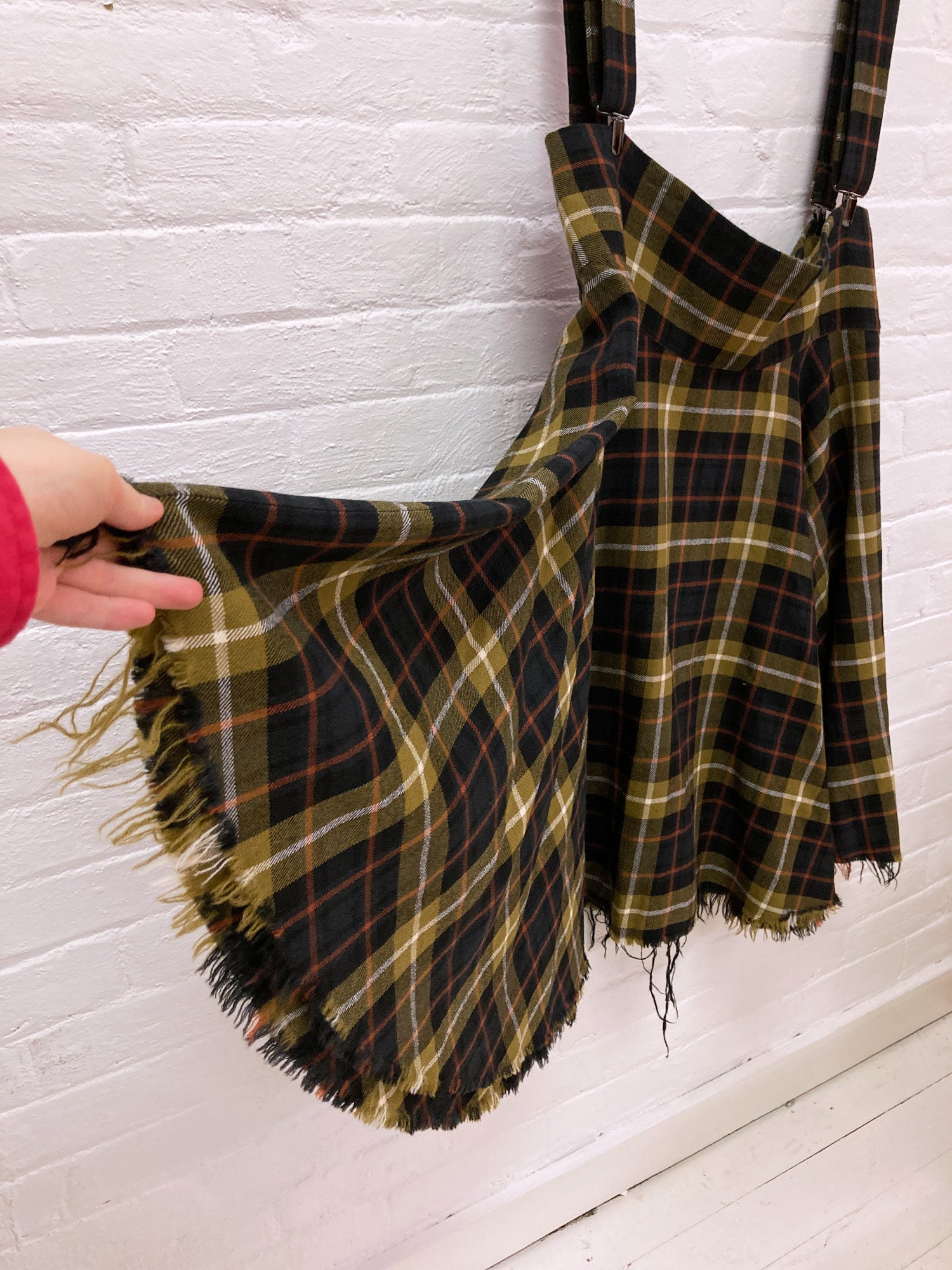 Y S Yohji Yamamoto yellow plaid wool raw hem suspender skirt M