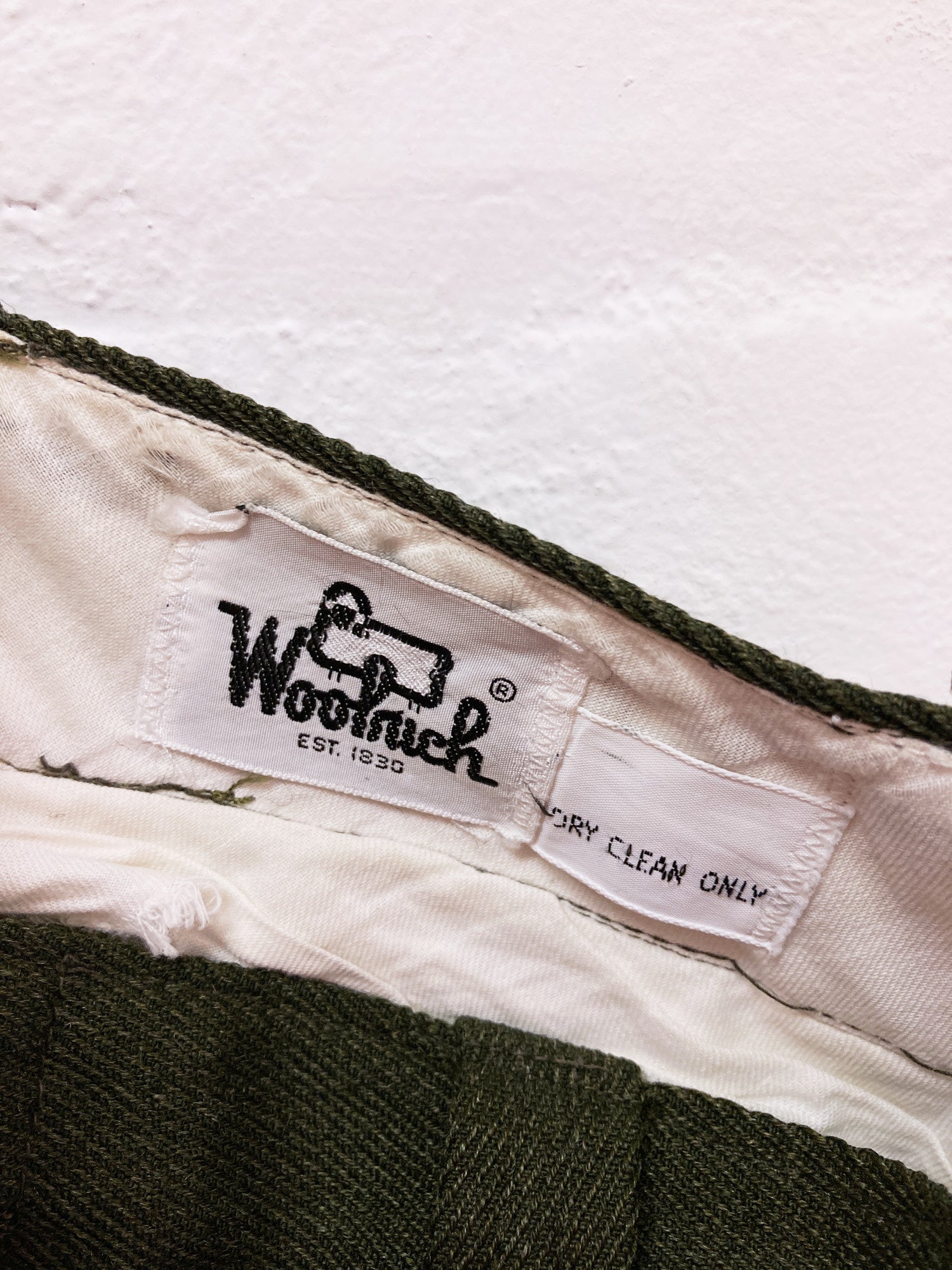 Woolrich green wool polyester twill contrast trim trousers