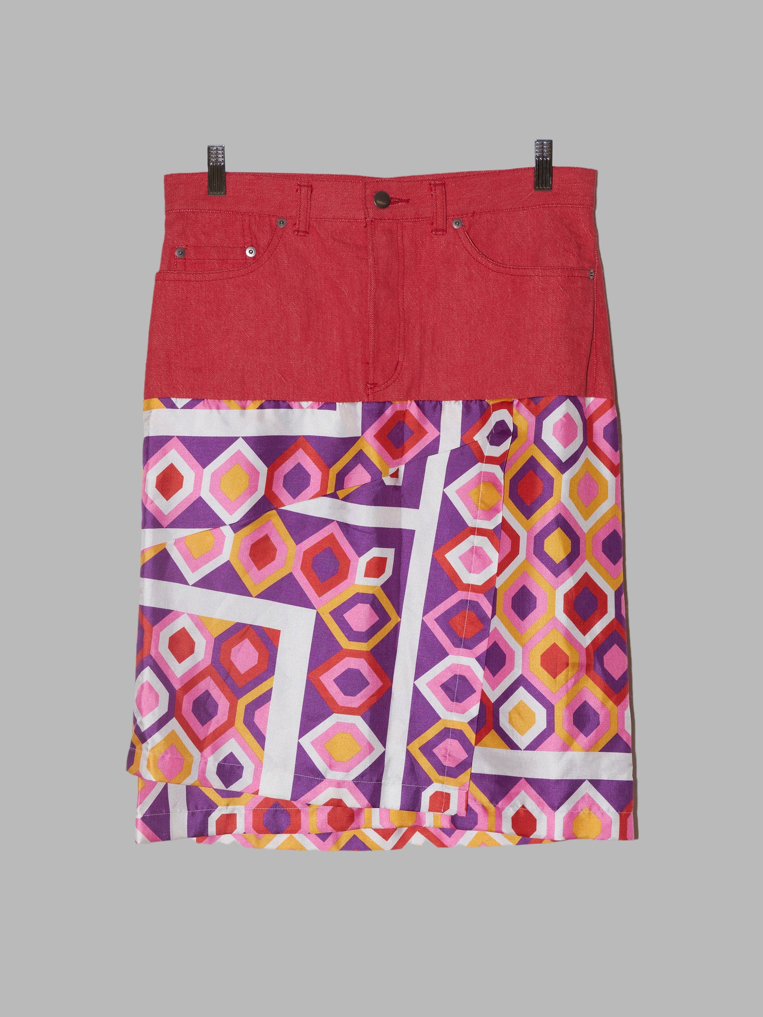 Junya Watanabe Comme des Garcons SS2001 red denim geometric print satin skirt