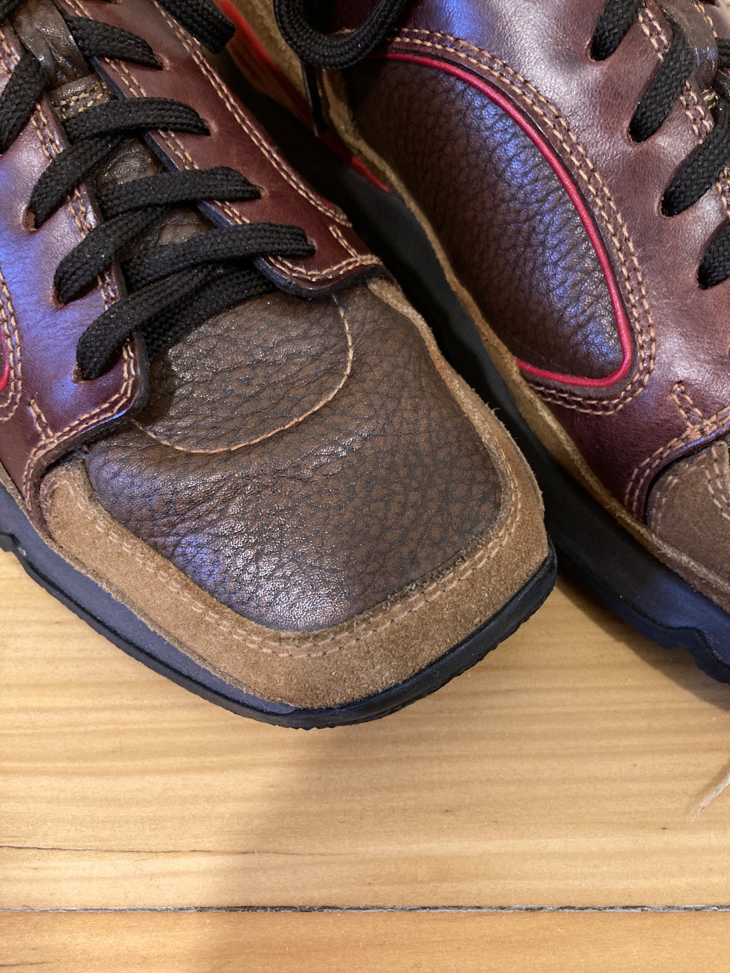 Miu Miu mens 1990s brown leather sneakers with red accents