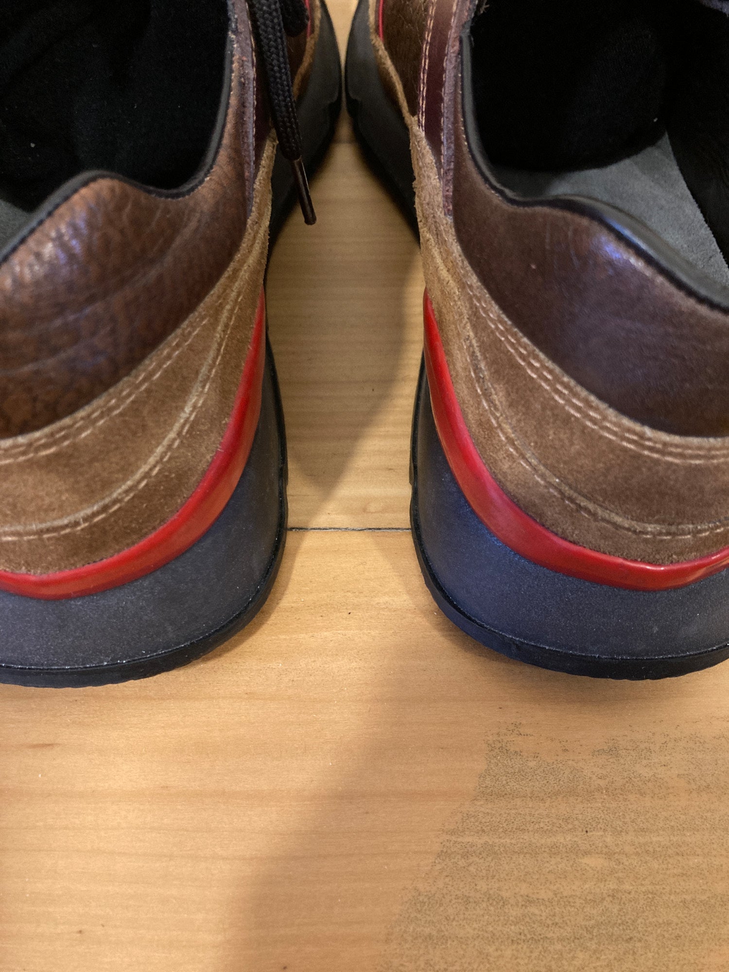 Miu Miu mens 1990s brown leather sneakers with red accents 