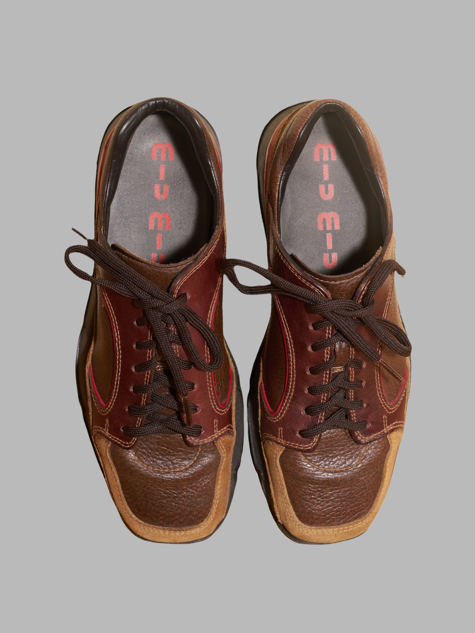 Miu Miu mens 1990s brown leather sneakers with red accents - UK 6 US 7 EU 40