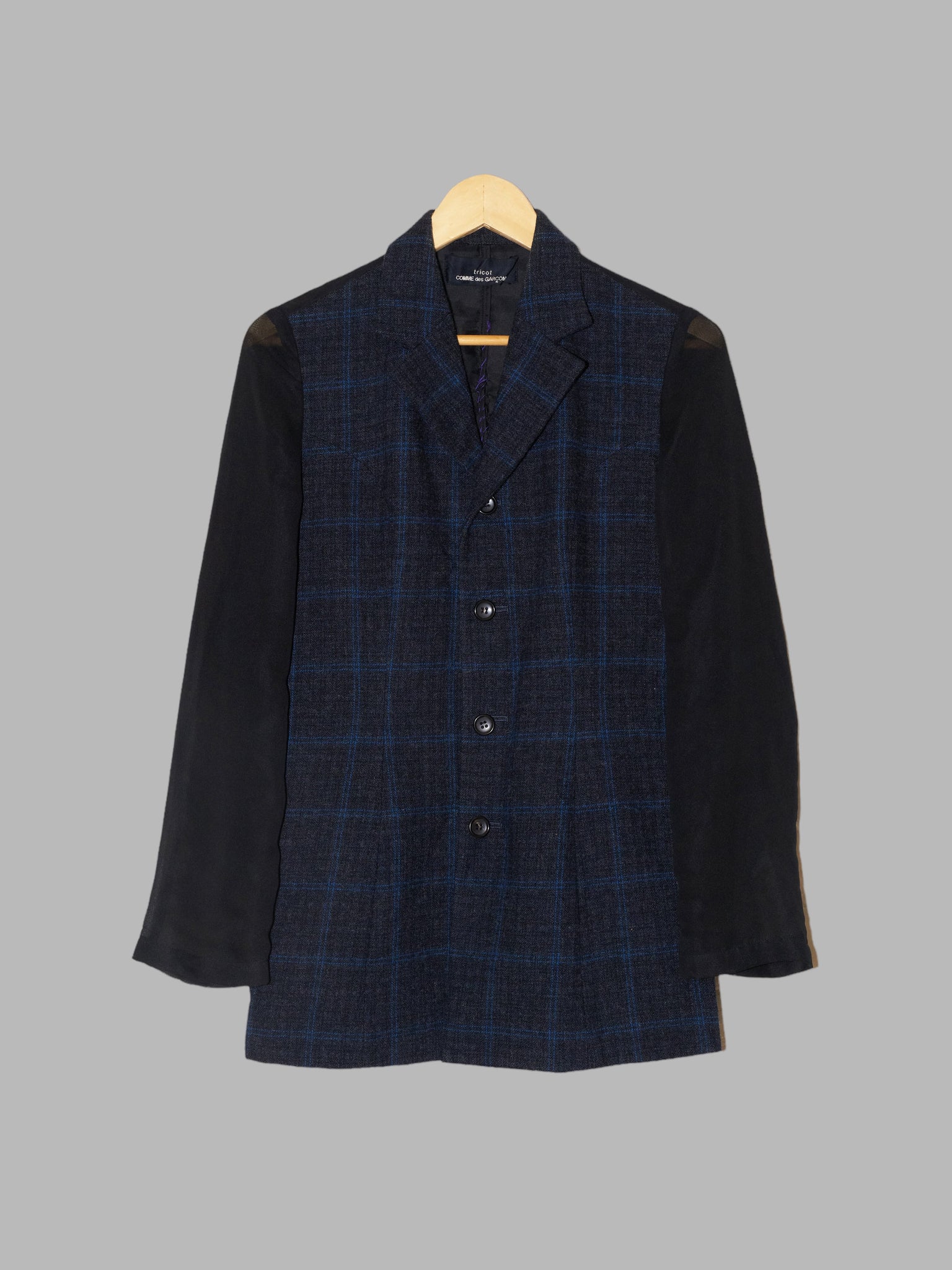 Tricot Comme des Garcons 1997 plaid wool blazer with sheer back and sleeves