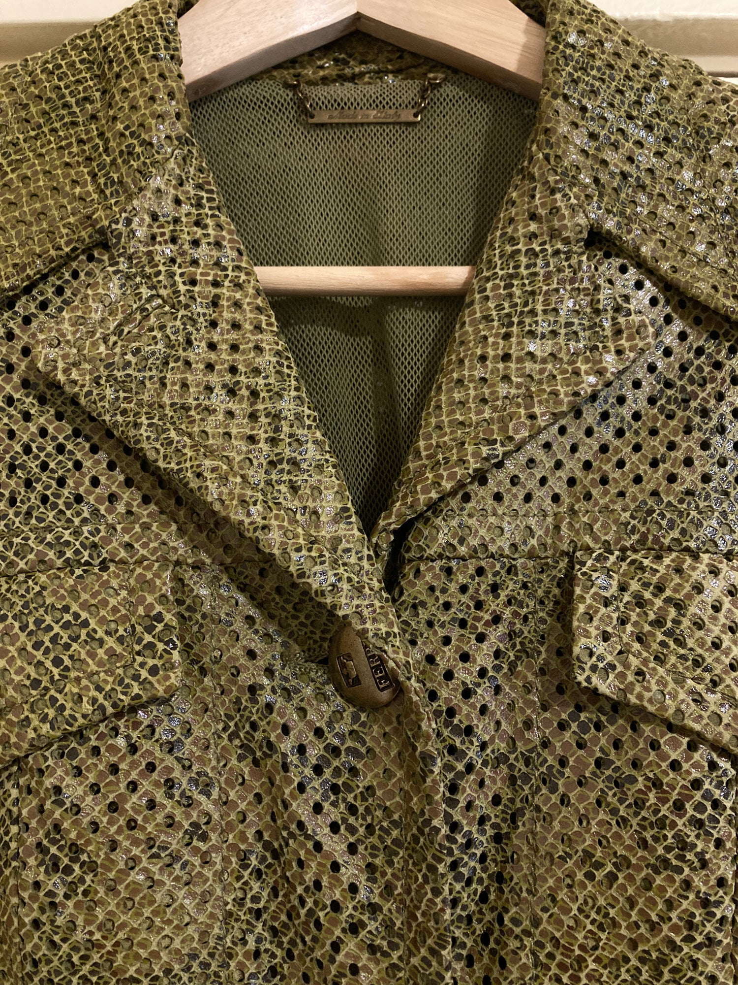 Gianfranco Ferre green camo print perforated faux-snakeskin sheep leather jacket
