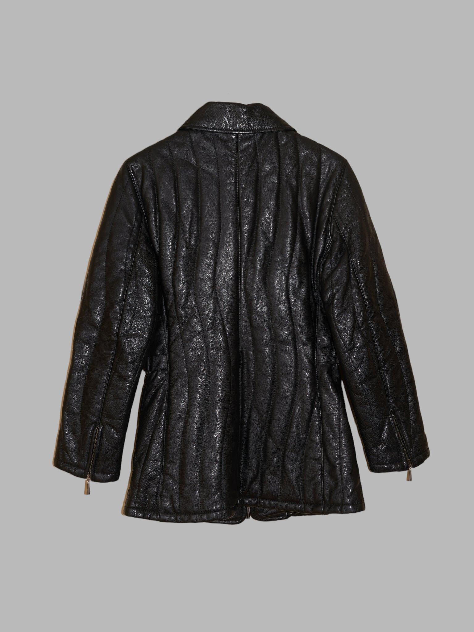 Gianfranco Ferre black zipped leather jacket with undulating channel stitch - S