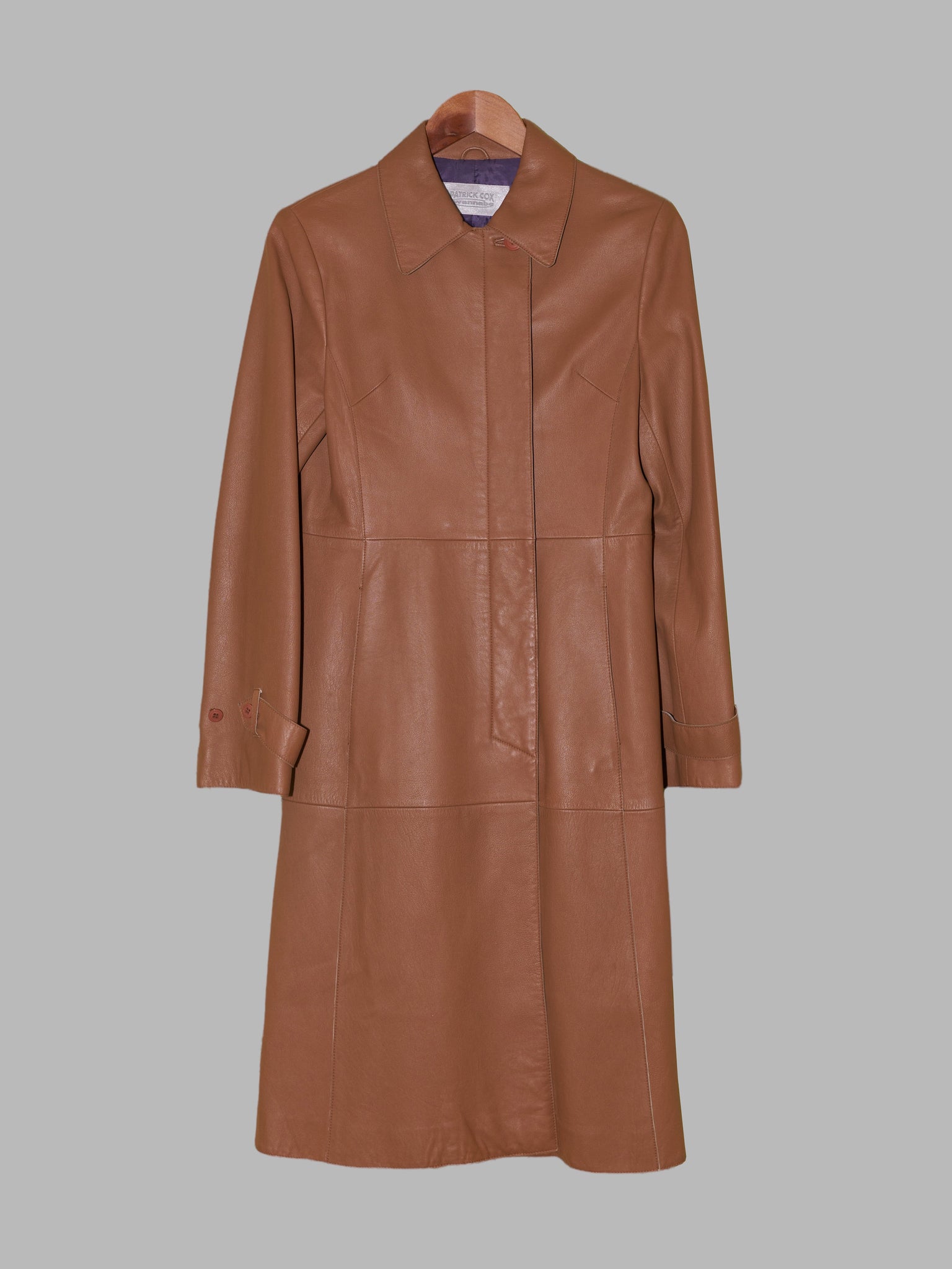 Patrick Cox Wannabe 1990s brown leather covered placket coat