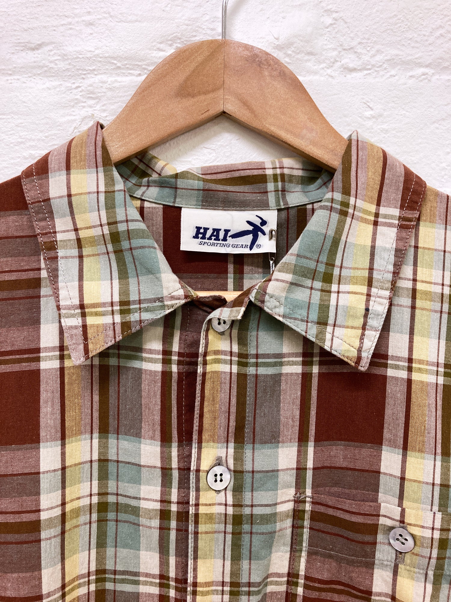 Hai Sporting Gear Issey Miyake brown cotton check short sleeve shirt