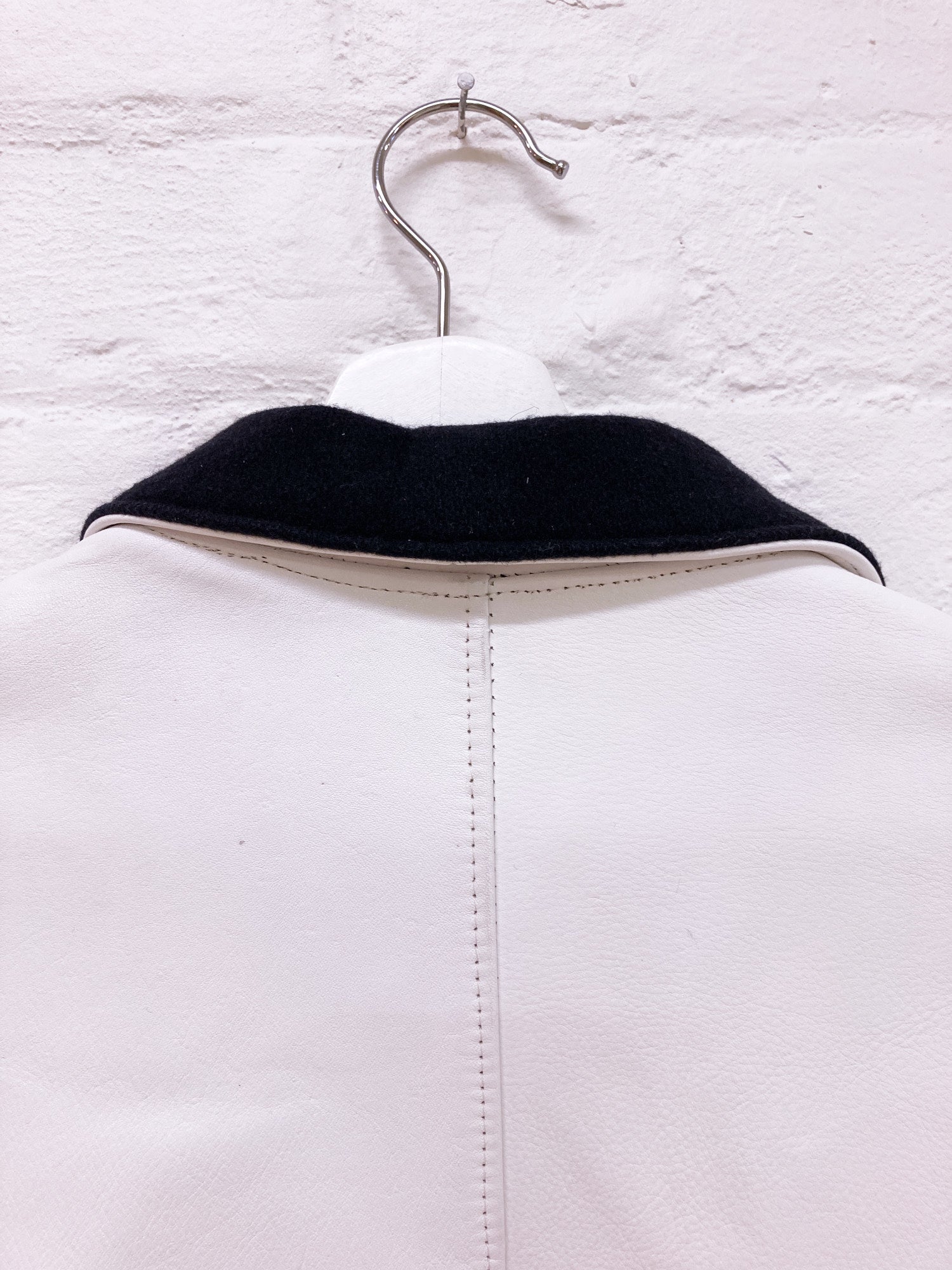 Jose Levy a Paris 1990s white cowhide leather zip jacket with navy wool collar M